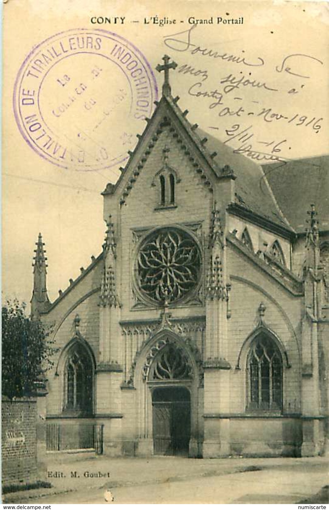 Cpa CONTY 80 L Eglise Grand Portail - Cachet 9e Bataillon De Tirailleurs Indochinois ( Cantonnement à CONTY 1916 ) - Conty