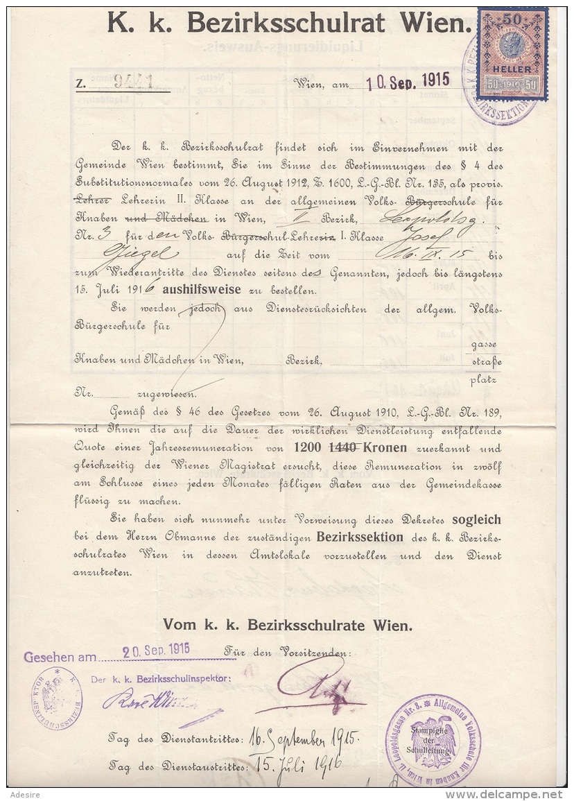 Schreiben Des K.K.Bezirksschulrat Wien 1915, Einstellung Einer Provisorischen Lehrerin Der Knaben-Volksschule In Wien .. - Historical Documents