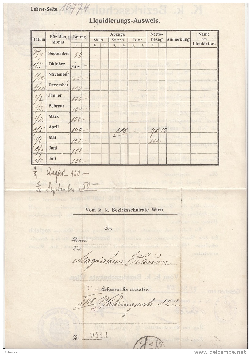 Schreiben Des K.K.Bezirksschulrat Wien 1915, Einstellung Einer Provisorischen Lehrerin Der Knaben-Volksschule In Wien .. - Historical Documents