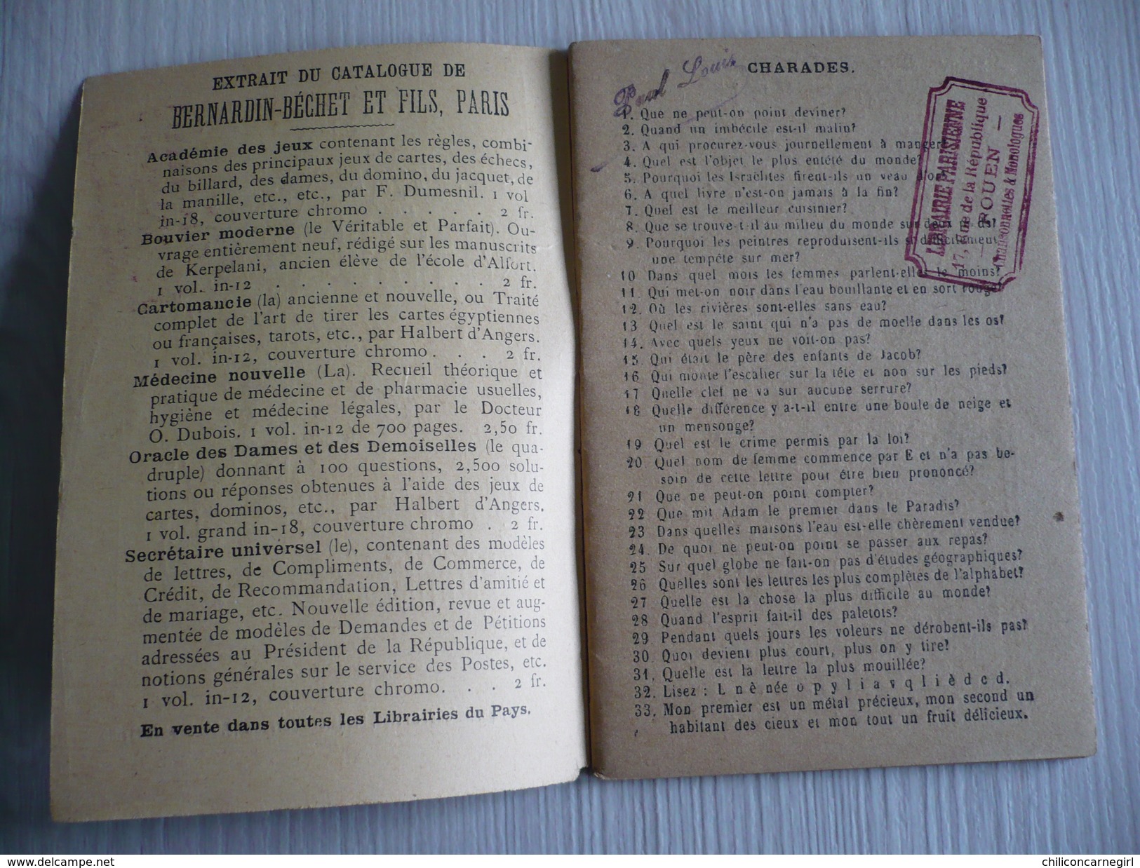 Le Livre Des Charades - 525 Devinettes Amusantes - PARIS BERNARDIN BÉCHET & Fils - PAUL LOUIS - Imp. SNOECK - Année 18?? - 1801-1900