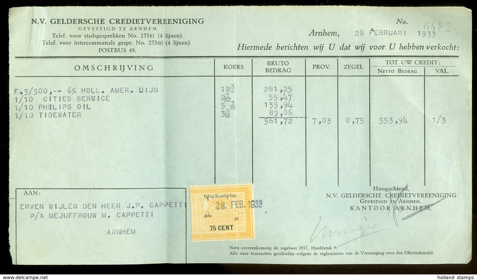 FACTUUR VAN DE N.V. GELDERSCHE CREDIETVEREENIGING Tnv CAPPETTI  Te ARNHEM Uit 1933 * Met 1 BELASTINGZEGEL (10.626n) - Pays-Bas