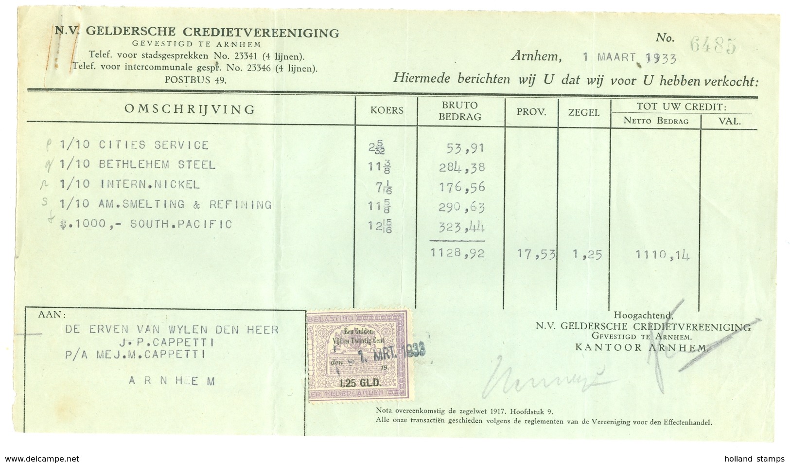 FACTUUR VAN DE N.V. GELDERSCHE CREDIETVEREENIGING Tnv CAPPETTI  Te ARNHEM Uit 1933 * Met 1 BELASTINGZEGEL (10.626o) - Netherlands