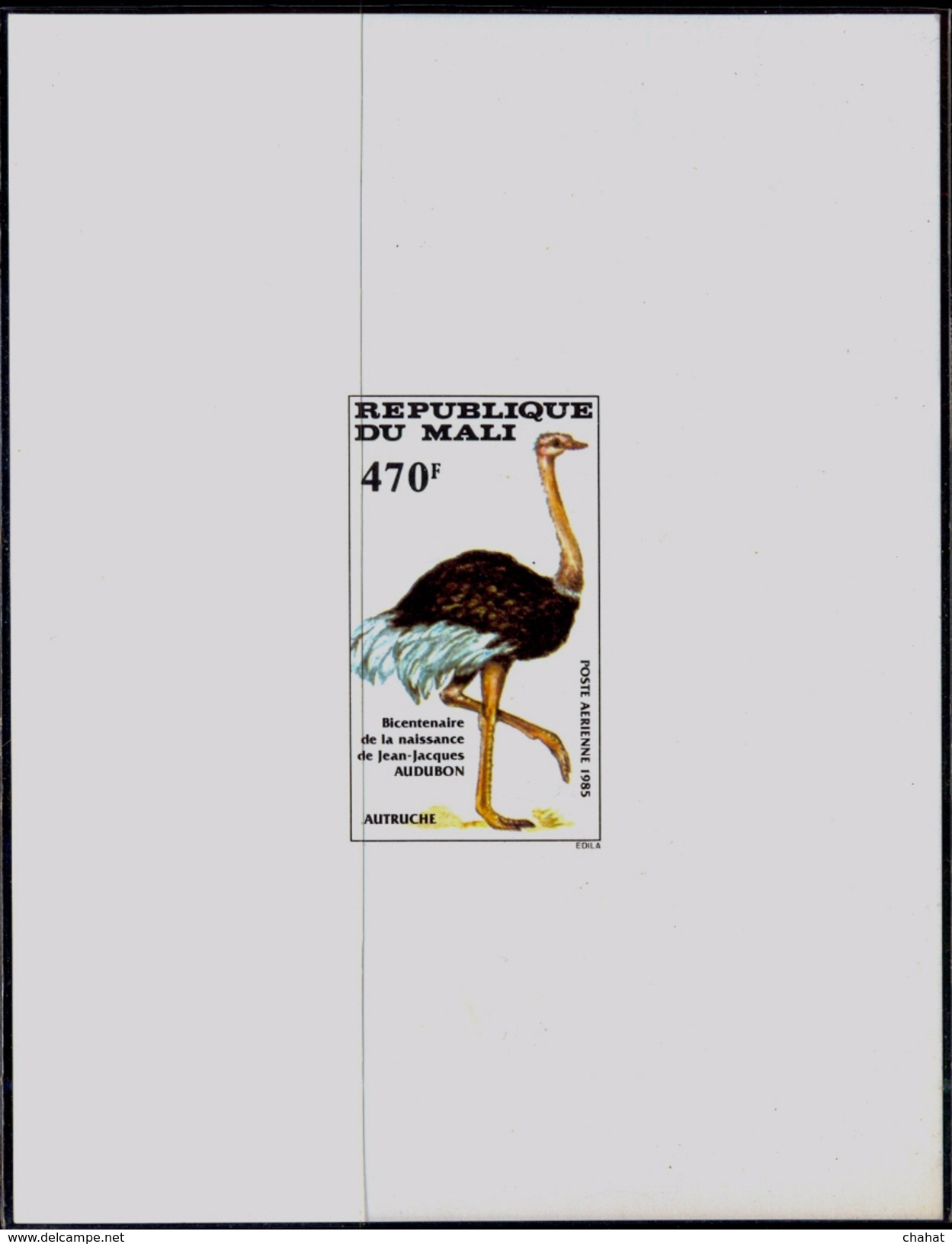 BIRDS-COMMON OSTRICH-J J AUDUBON-SUNKEN IMPERF DIE PROOF-MALI-1985-MNH-SCARCE-PA1-51 - Autruches