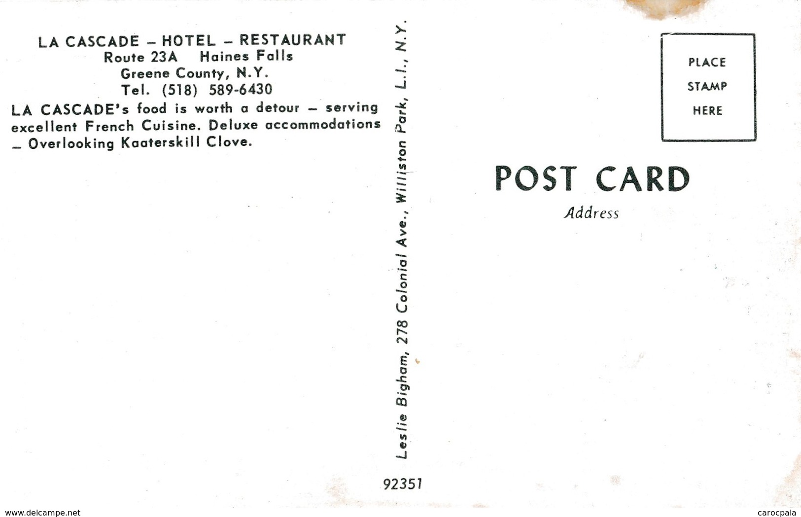 Carte Vers 1970 "la Cascade Hôtel-restaurant " Route 23 A ,Haines Falls,Greene County :N.Y - Autres & Non Classés
