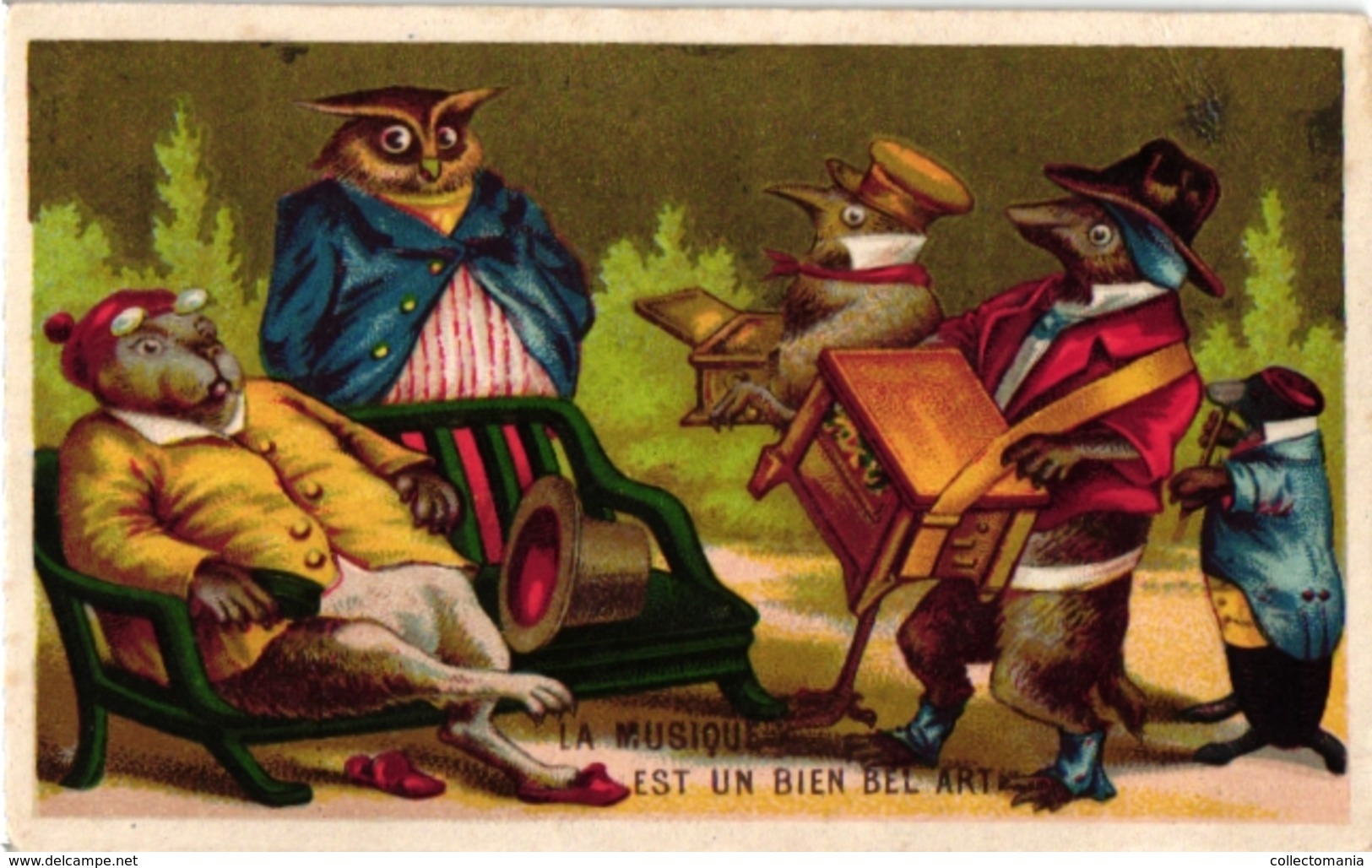 Carte Chromo Music Instr  Orgue DeBarbarieRotary Organ Leierkasten Anthropomorph  PUB   Litho Lessertisseux Owl  UIL - Animals