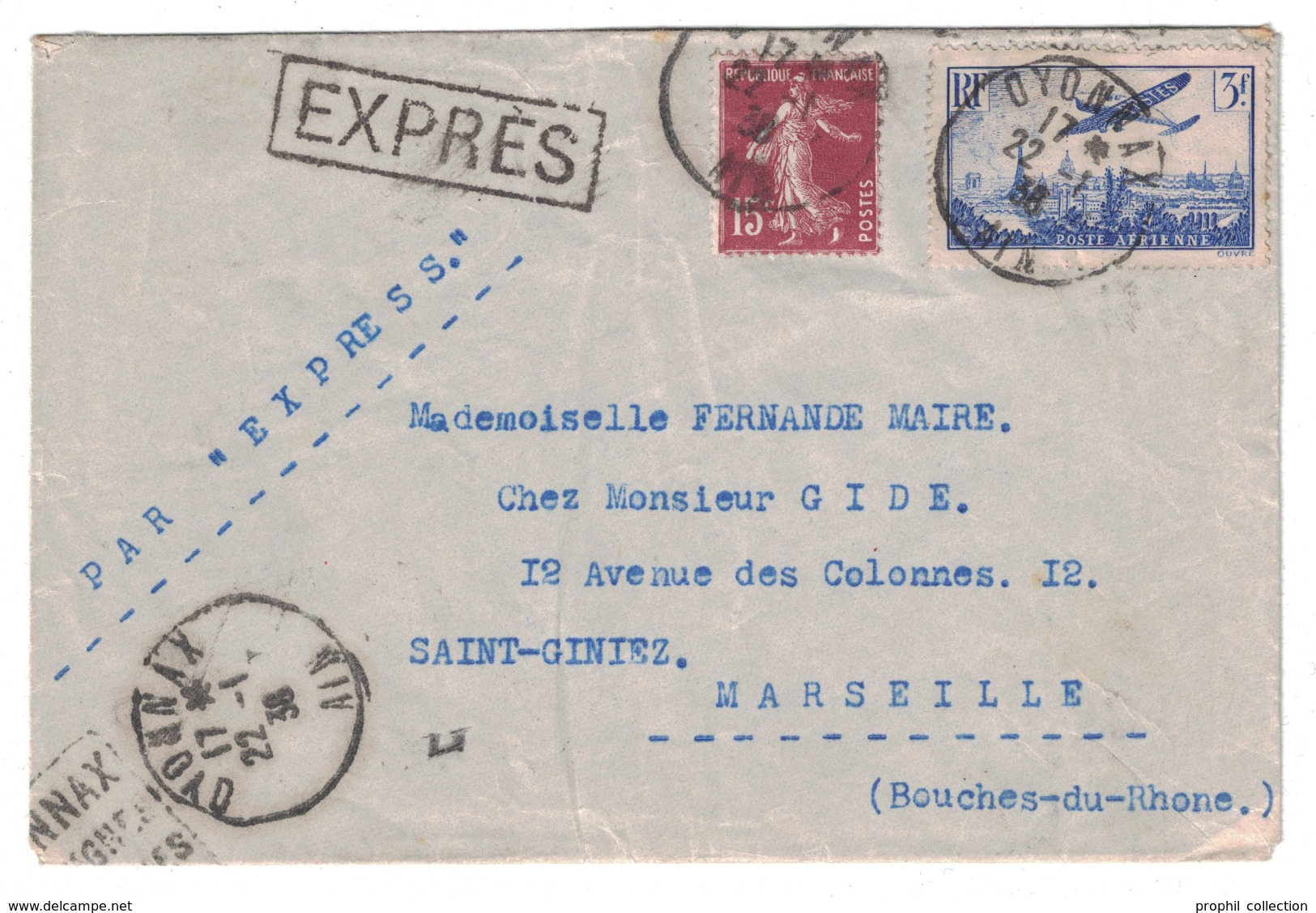 1938 - LETTRE EN EXPRES AFFR. A 3F15 PA 3F + COMPLEMENT SEMEUSE CAD + DAGUIN OYONAX + CACHET HOROPLAN MARSEILLE PRADO - 1921-1960: Modern Tijdperk