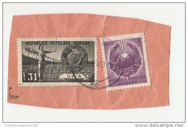 59323- SPORTS, GYMNASTICS, COAT OF ARMS, STAMPS ON COVER FRAGMENT, 1957, ROMANIA - Covers & Documents