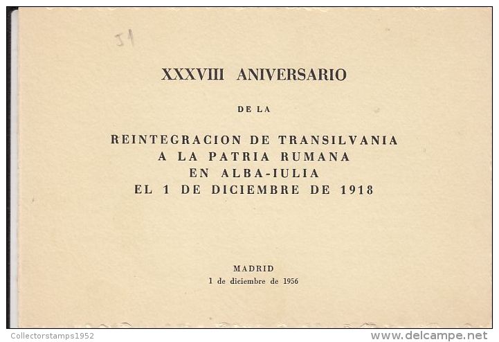 59334- GREAT UNION OF TRANSYLVANIA TO ROMANIA, MADRID, ROMANIAN EXILE IN SPAIN, BOOKLET, 1956, ROMANIA - Postzegelboekjes