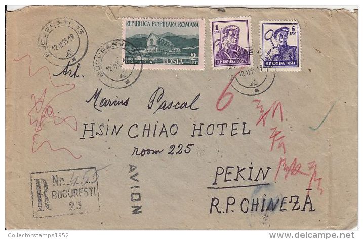 59337- PREDEAL CHALET, SAILOR, WELDER, STAMPS ON REGISTERED COVER, 1955, ROMANIA - Briefe U. Dokumente