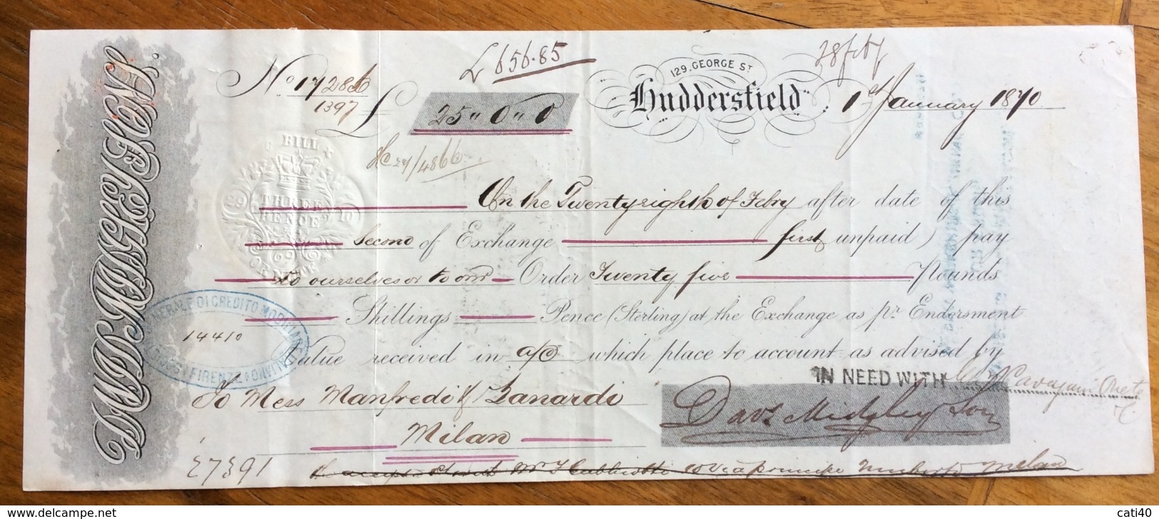 CAMBIALE  HUDDERSFIELD 1870  DI 25,00 PONUDS  CON INTERESSANTI   FIRME AUTOGRAFE E MARCHE DA BOLLO - Bills Of Exchange