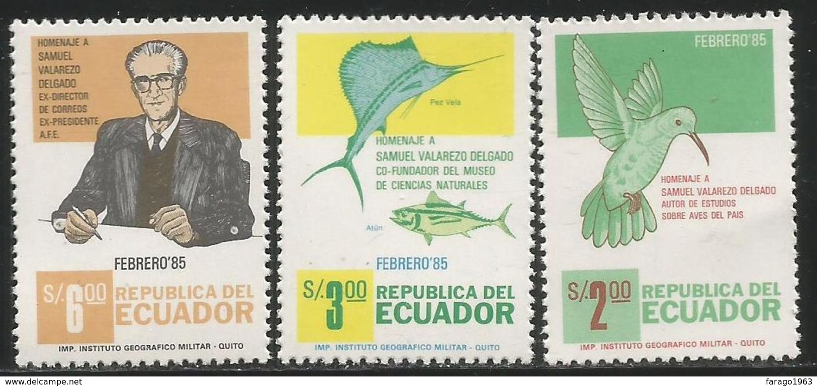 1985 Ecuador Delgado Naturalist Bird  Fish  Complete Set  Of 3 MNH - Ecuador