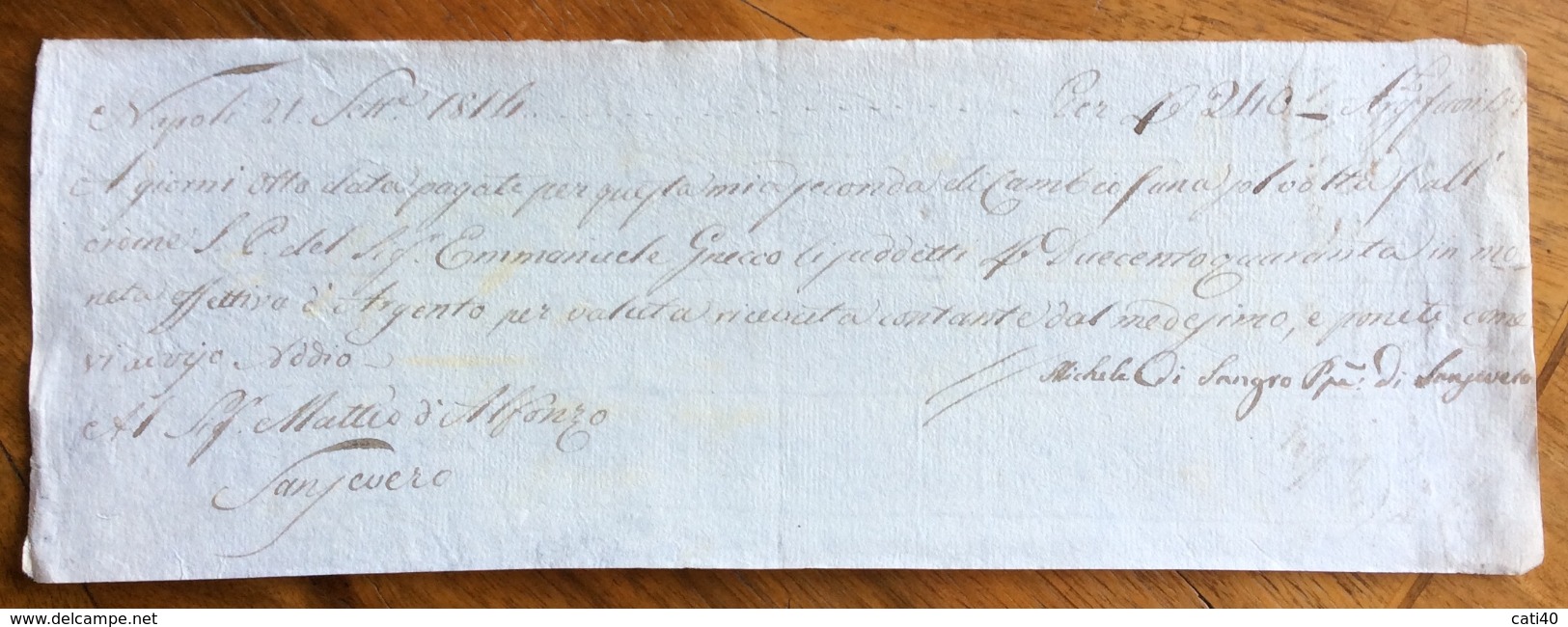 CAMBIALE MANOSCRITTA NAPOLI 1814  DI 240 ARGENTONI  CON INTERESSANTE   FIRMA AUTOGRAFA DI  MICHELE DI SANGRO - Cambiali