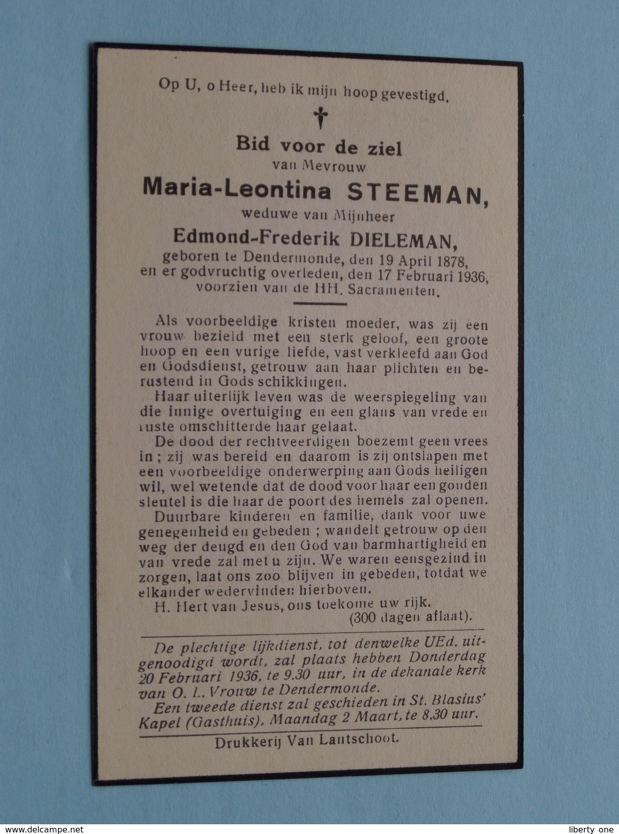 DP Maria-Leontina STEEMAN ( Edmond DIELEMAN ) Dendermonde 19 April 1878 - 17 Feb 1936 ( Zie Foto´s ) ! - Religion & Esotérisme