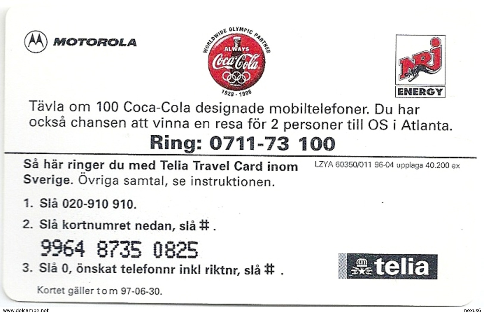 Sweden - Telia Travel Card - Coca Cola Olympics #2  04.1996, 40.200ex, Remote Mem. Used - Schweden