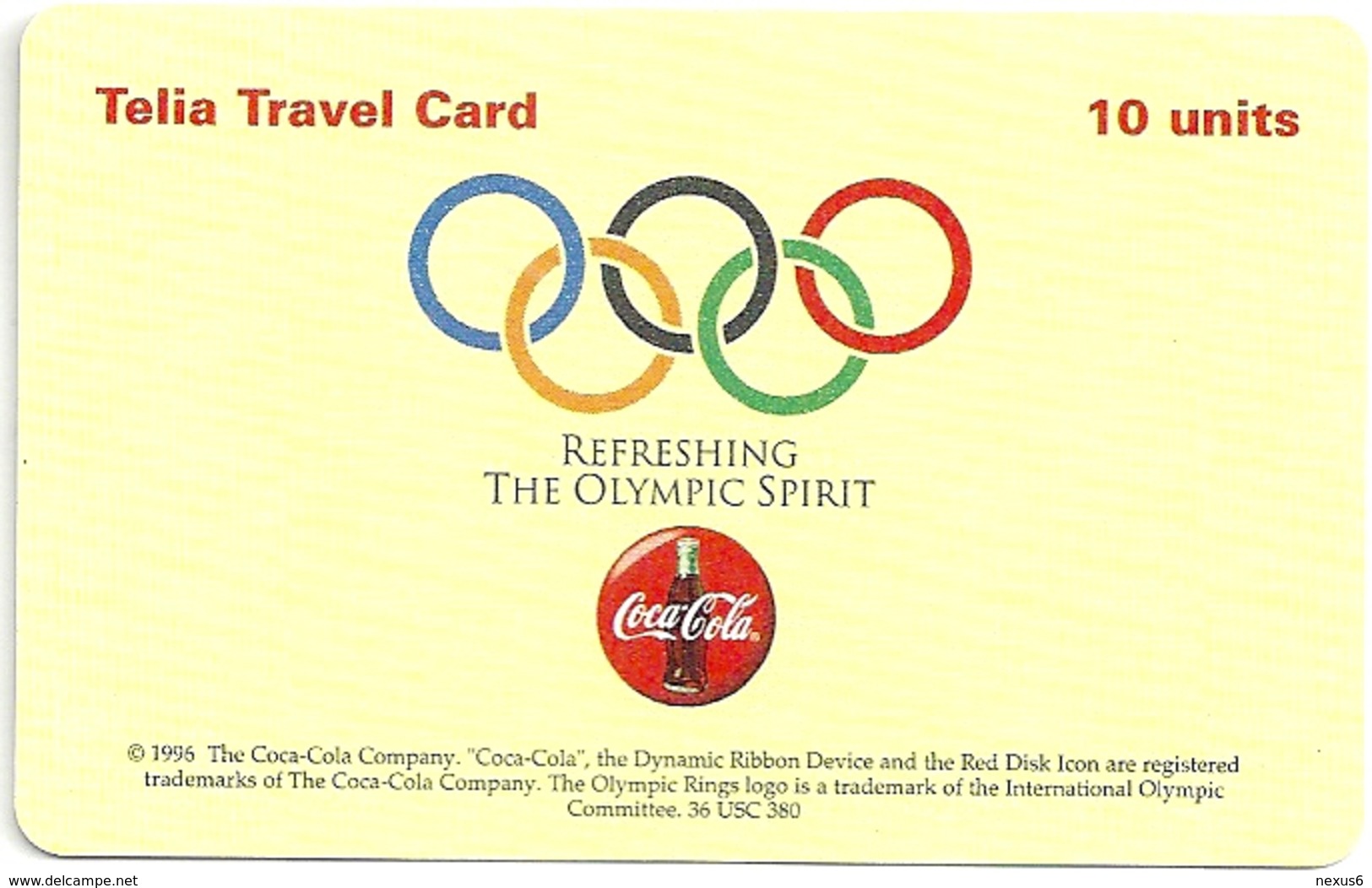 Sweden - Telia Travel Card - Coca Cola Olympics #3  04.1996, 40.200ex, Remote Mem. Used - Schweden