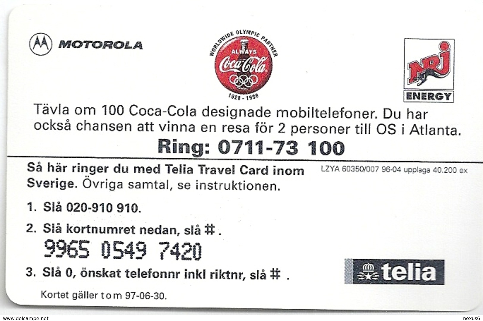 Sweden - Telia Travel Card - Coca Cola Olympics #3  04.1996, 40.200ex, Remote Mem. Used - Schweden