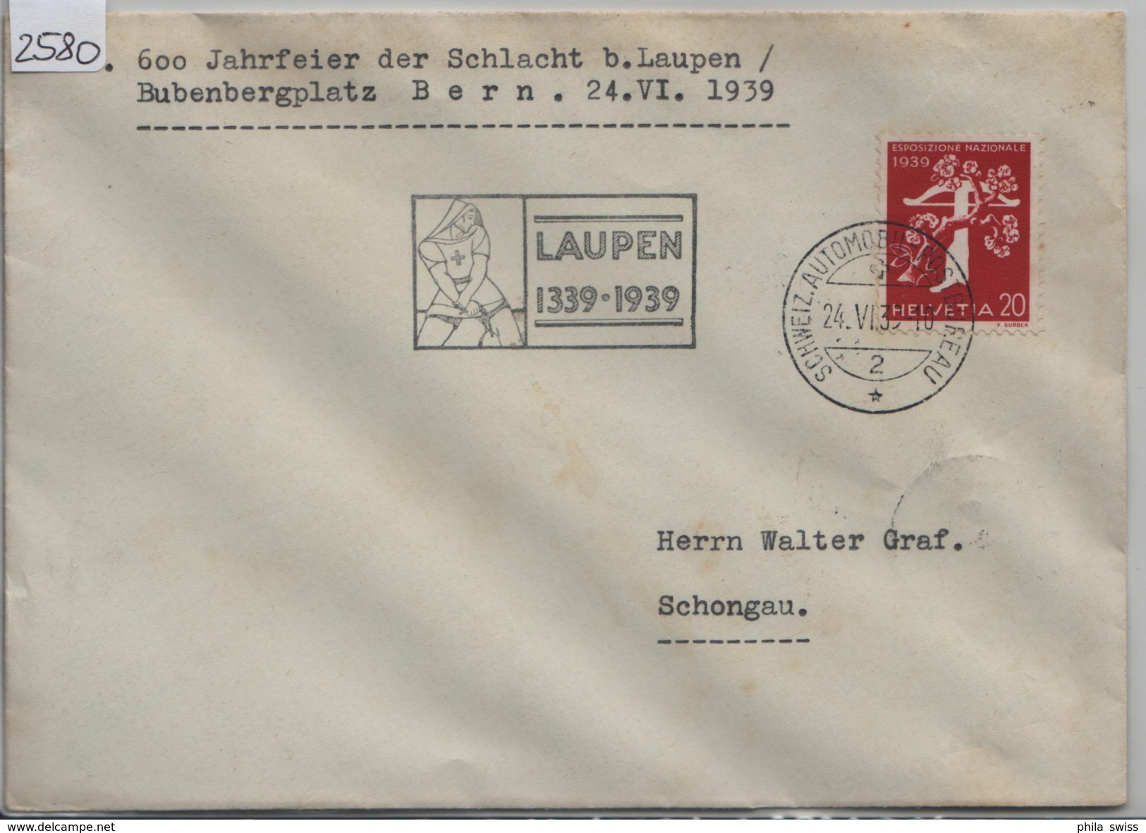 1939  Exposition Nationale 234z/350z 600 Jahrfeier Der Schlacht Bei Laupen - Nach Schongau LU - Lettres & Documents