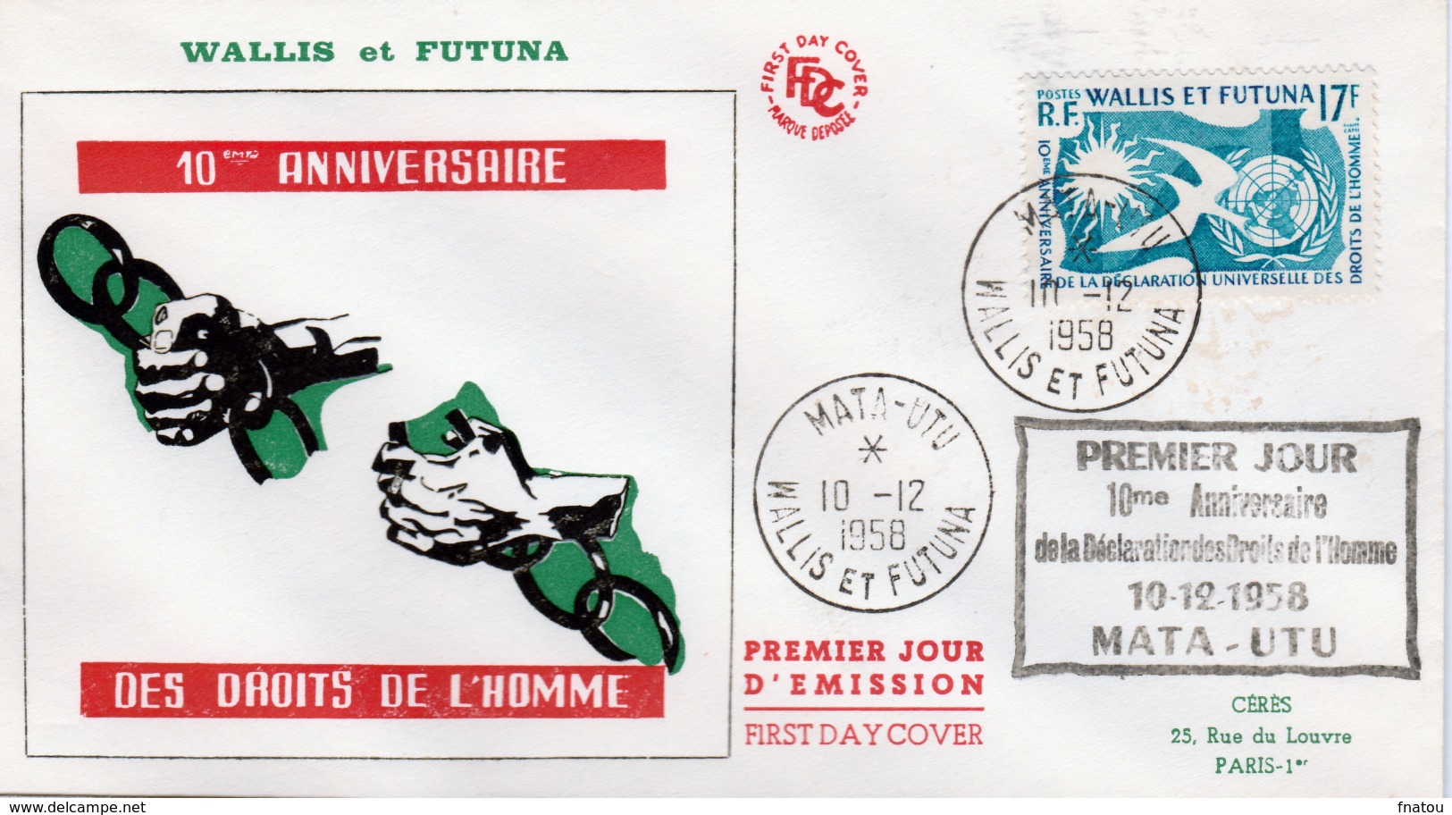 Wallis And Futuna (France), Universal Declaration Of Human Rights,  Superb FDC Cover 1958 - Covers & Documents