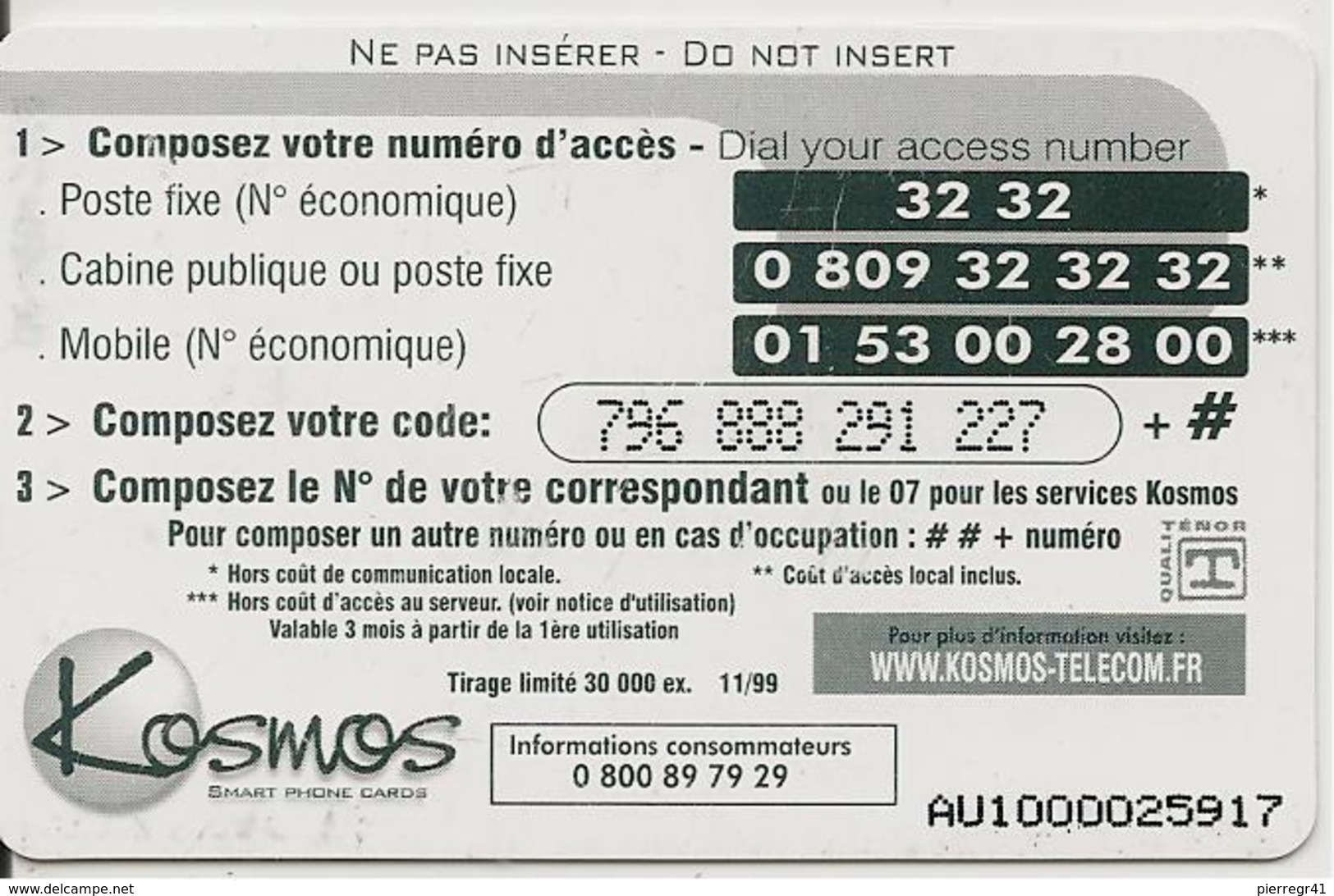 CARTE PREPAYEE-KOSMOS-100F-FRAN CE-MONDE-MOUETTE-11/99-30 000ex- GRATTE-T BE- - Autres & Non Classés