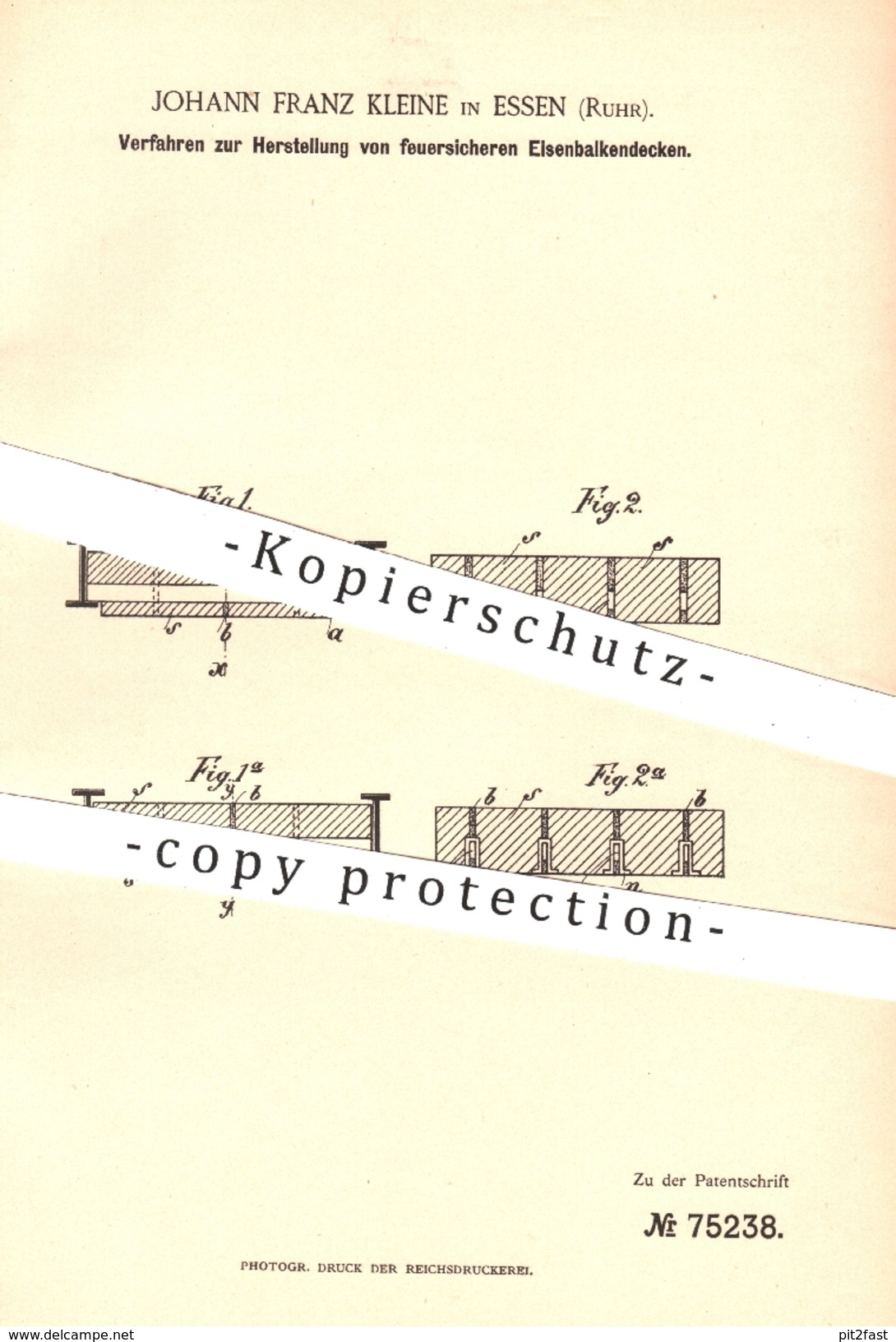 Original Patent - Johann Franz Kleine , Essen / Ruhr , 1893 , Feuersichere Eisenbalkendecke | Balken - Decke , Eisen - Historische Dokumente