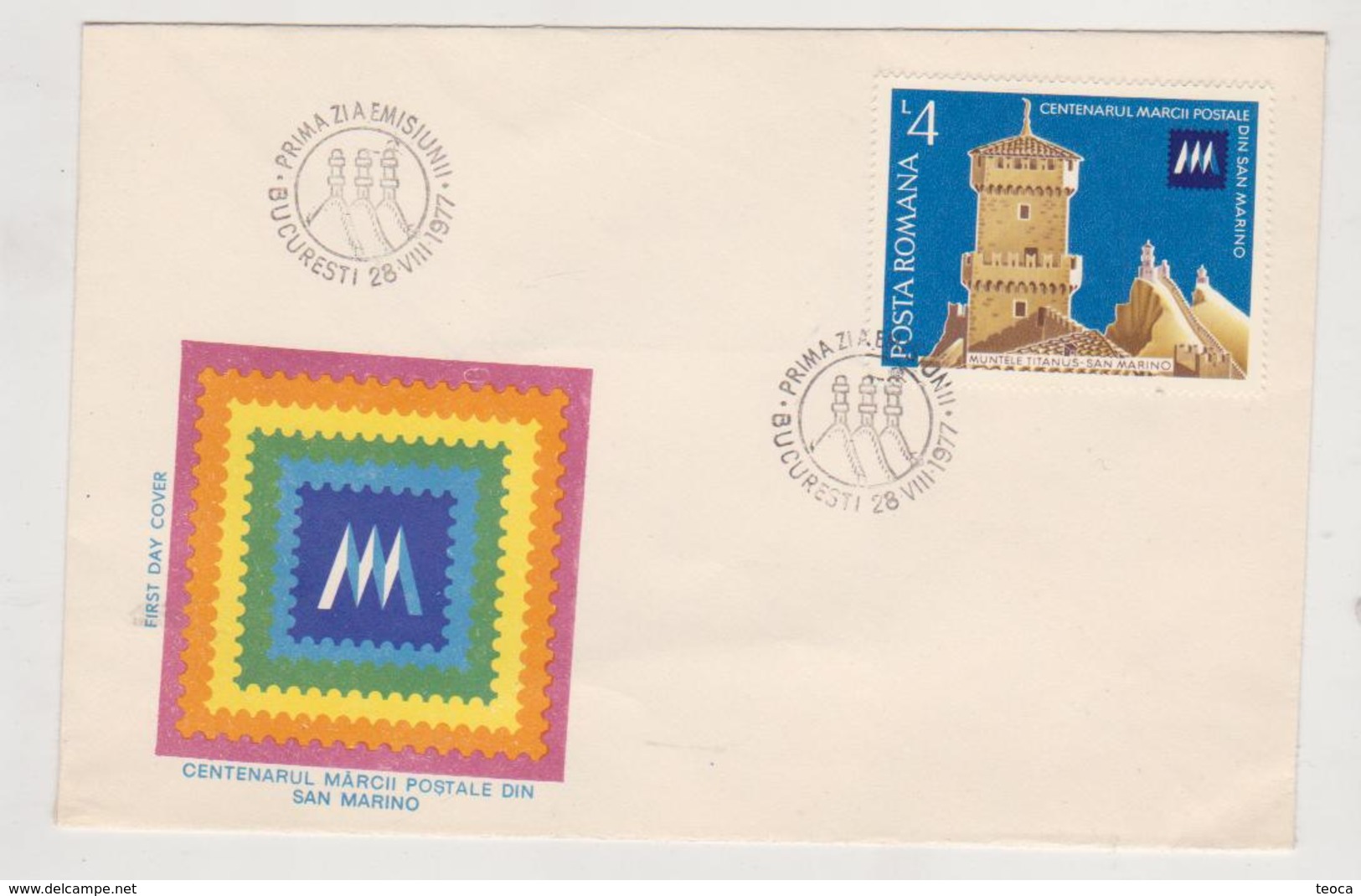 SAN MARINO STAMP'S DAY, COVER FDC, 1977, ROMANIA, CENTENARY POSTMARK FROM SAN MARINO - FDC