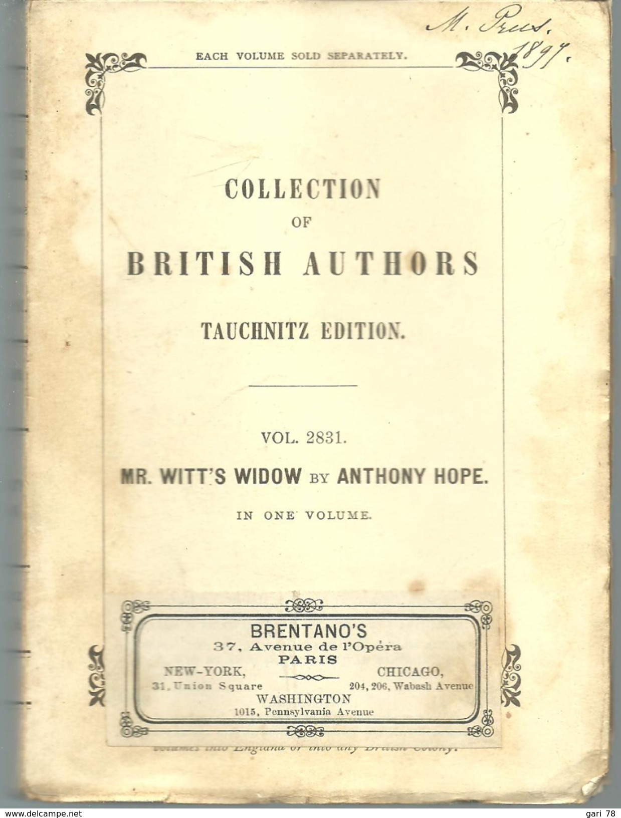 Mr WITT'S WIDOW By M Anthony HOPE, Collection Of British Autors Vol 2831 - Other & Unclassified