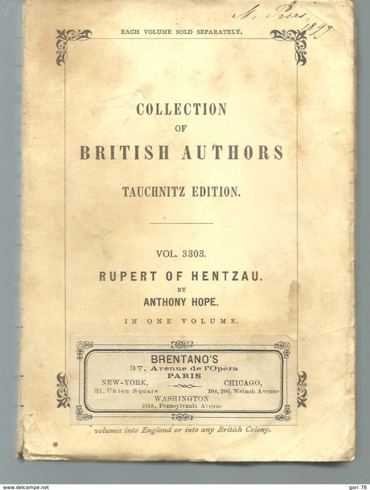 RUPERT OF HENTZAU By M Anthony HOPE, Collection Of British Autors Vol 3303 - Other & Unclassified