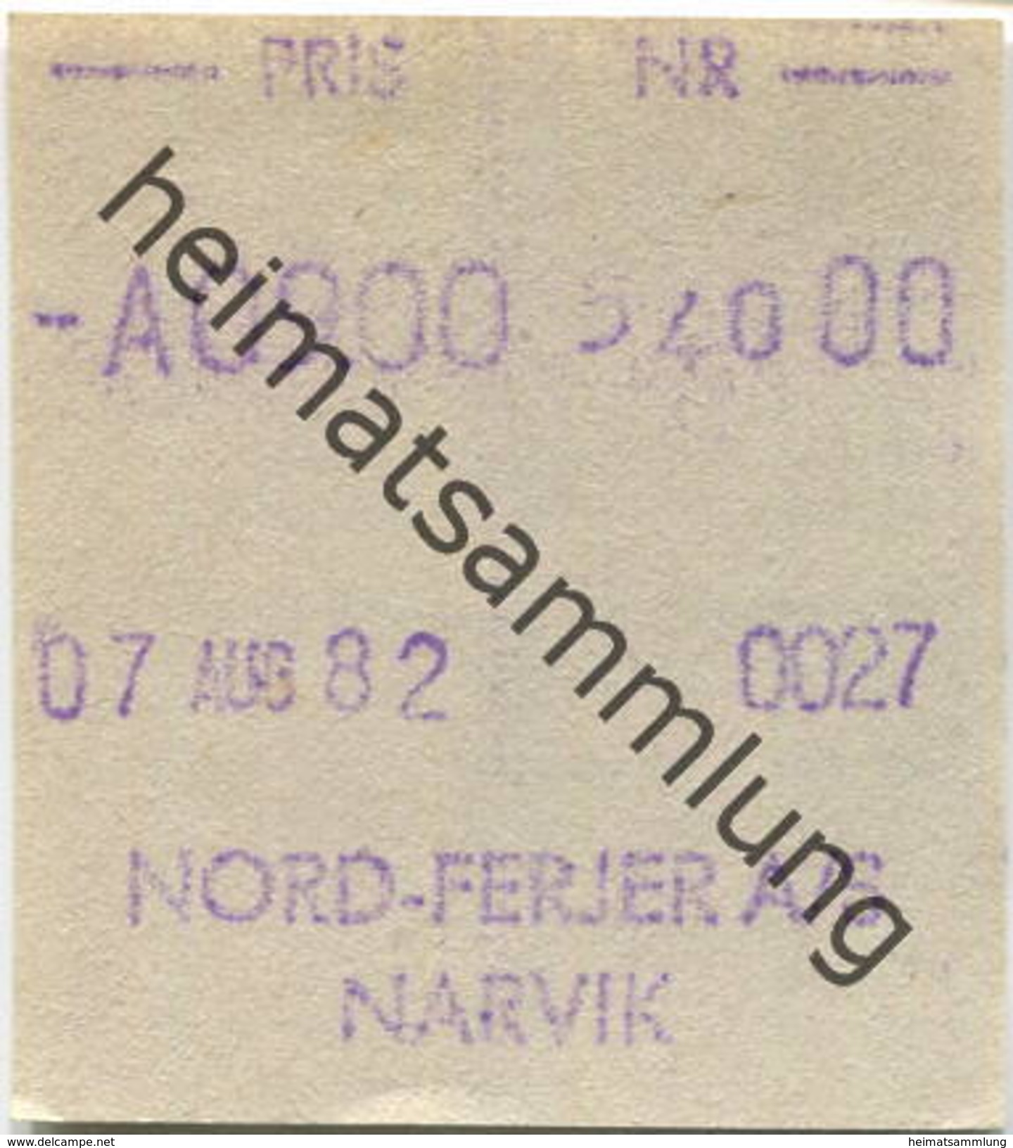 Norwegen - Norwegen - Nord-Ferjer A/S Narvik - Fahrschein Fähre 1982 - Europe