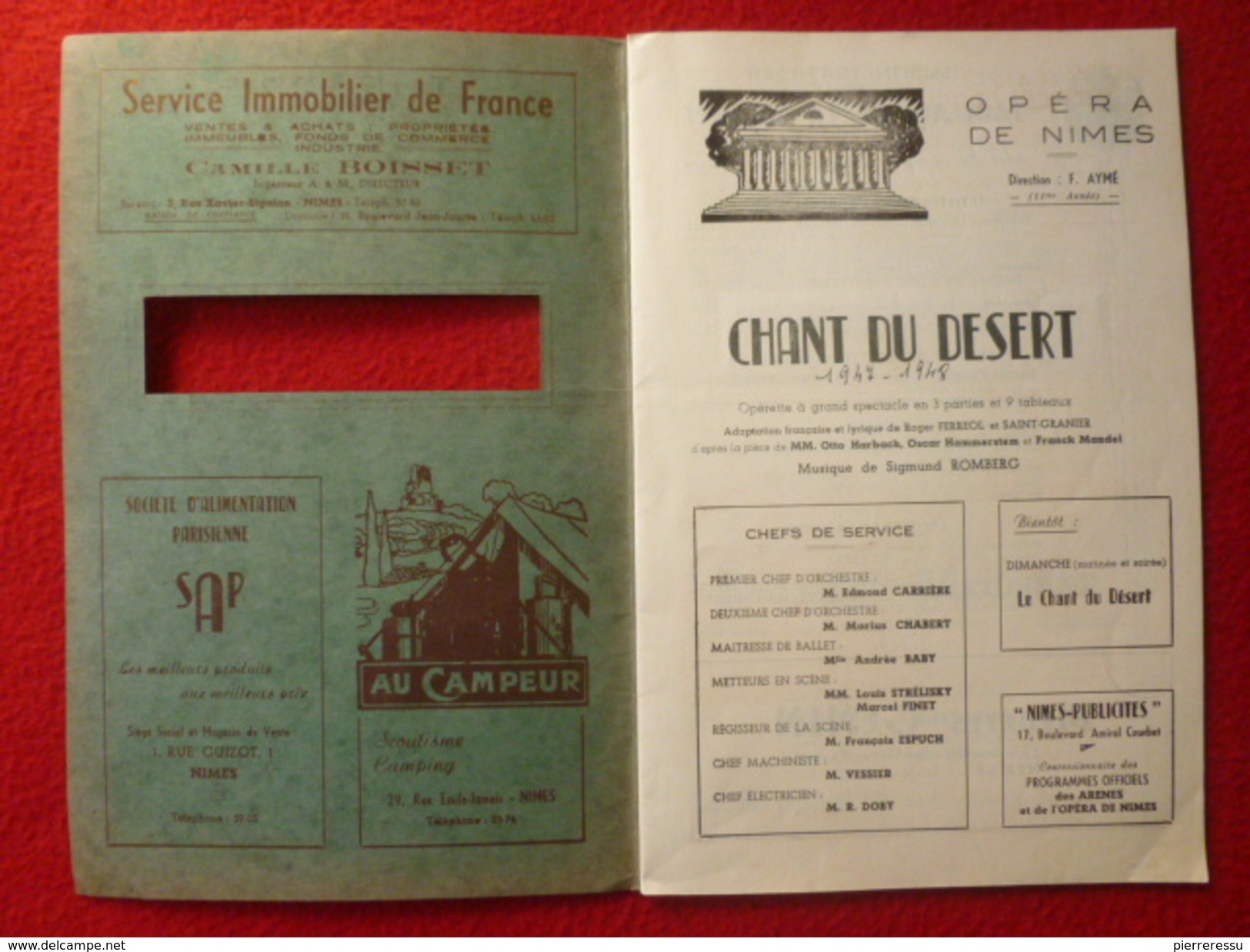 NIMES PROGRAMME THEATRE MUNICIPAL 1947 LE CHANT DU DESERT VESSIER MACHINISTE - Programmes