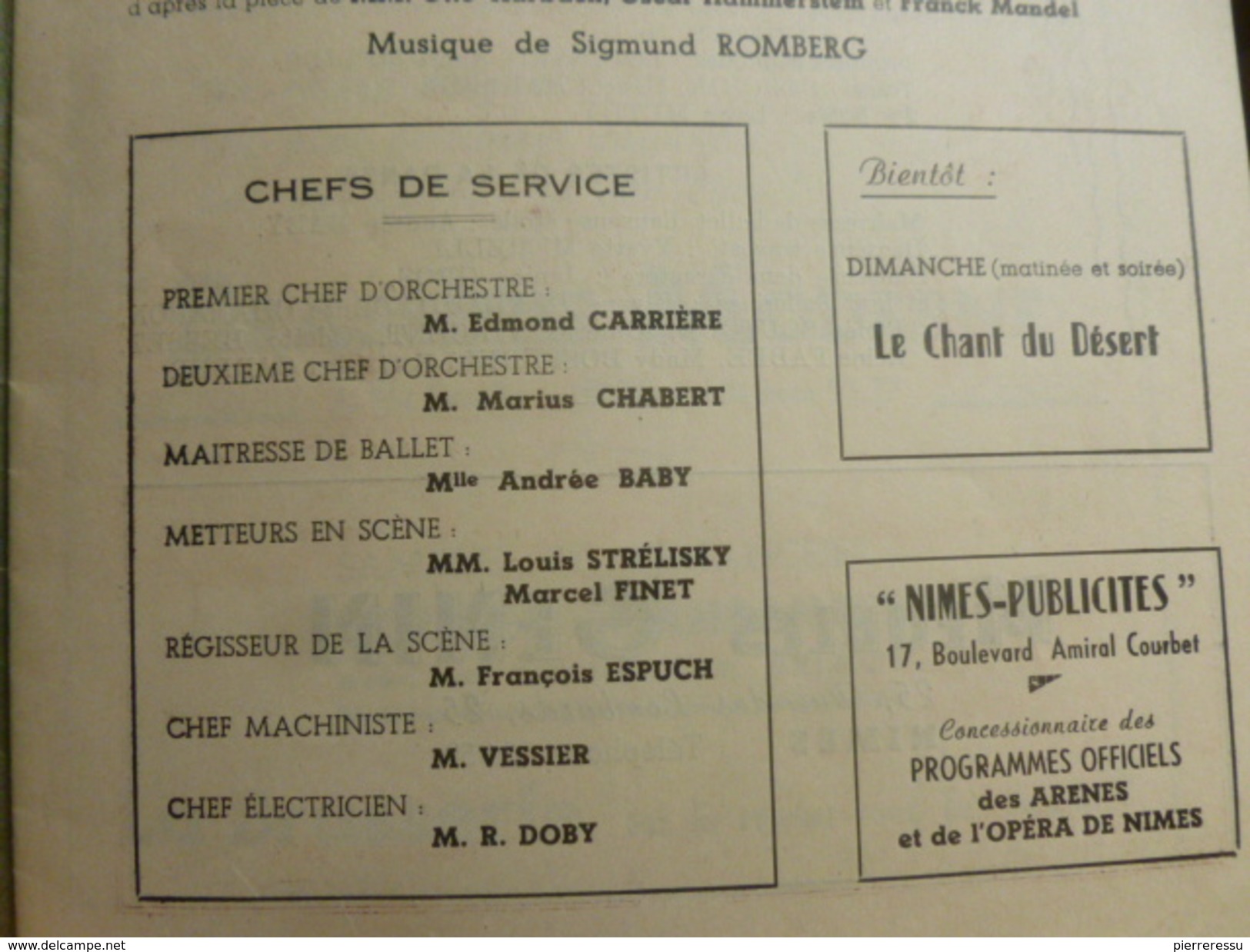 NIMES PROGRAMME THEATRE MUNICIPAL 1947 LE CHANT DU DESERT VESSIER MACHINISTE - Programmes