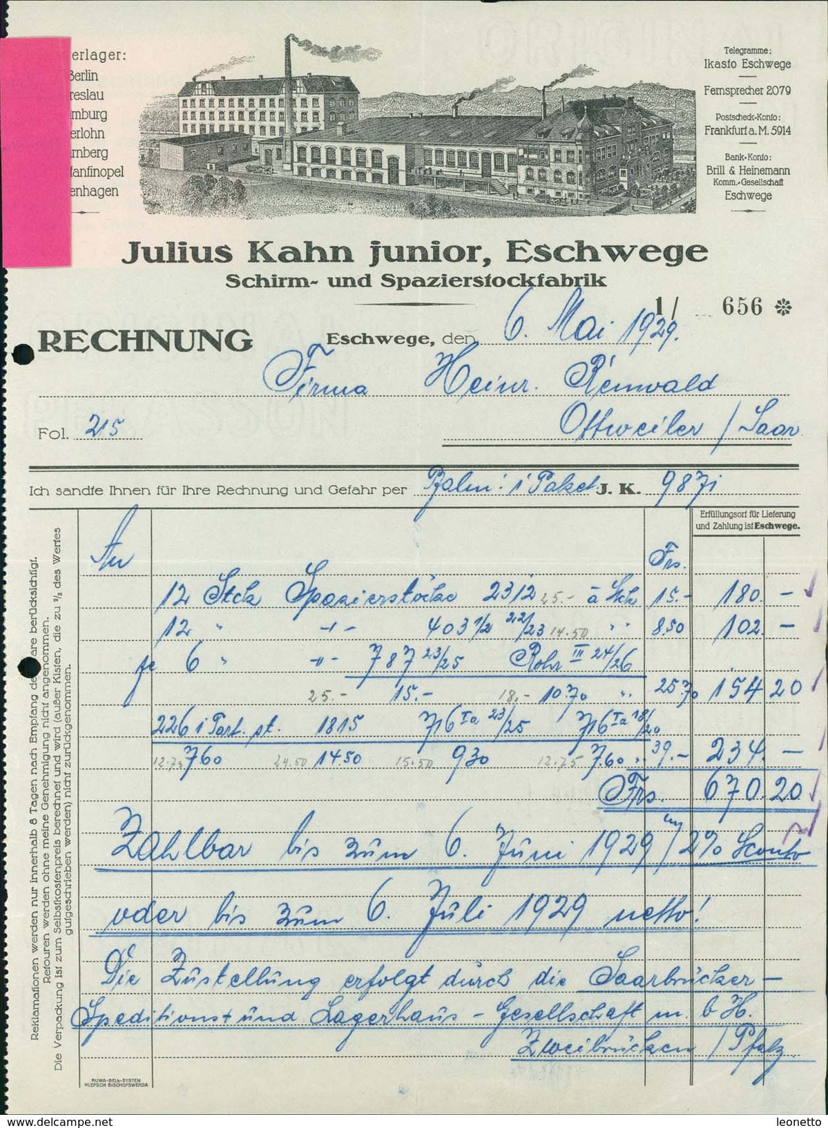 Eschwege, Julius Kahn Junior, Schirm- Und Spazierstockfabrik, Rechnung Vom 6.5.1929 (1000-38) - 1900 – 1949