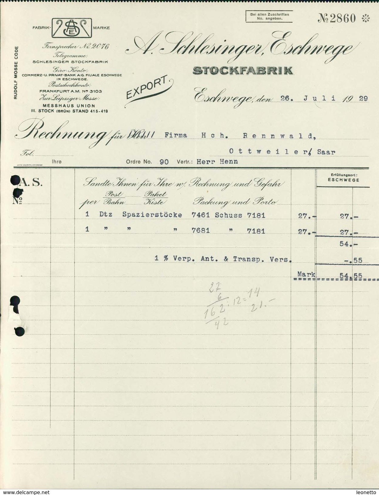 Eschwege, A. Schlesinger, Stockfabrik, Rechnung Vom 26.7.1929 (1000-40) - 1900 – 1949