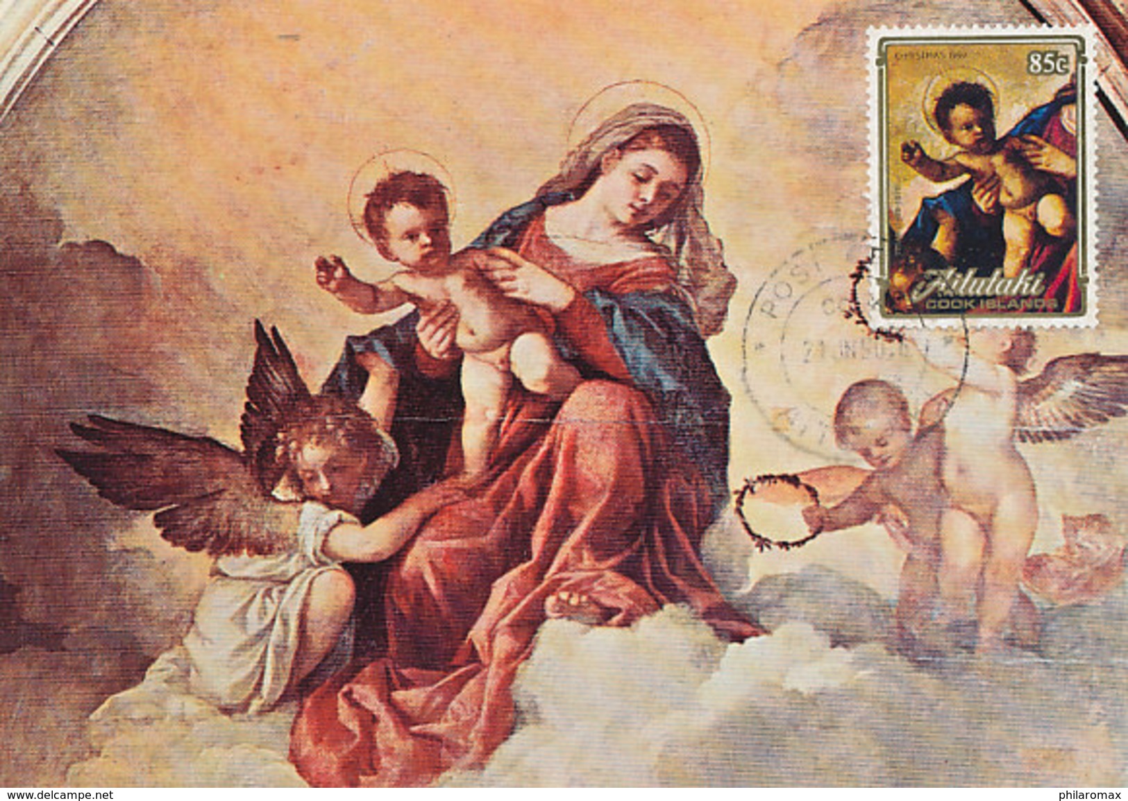 D29979 CARTE MAXIMUM CARD 1990 AITUTAKI - MADONNA BY TIZIANO CP ORIGINAL - Madonnen