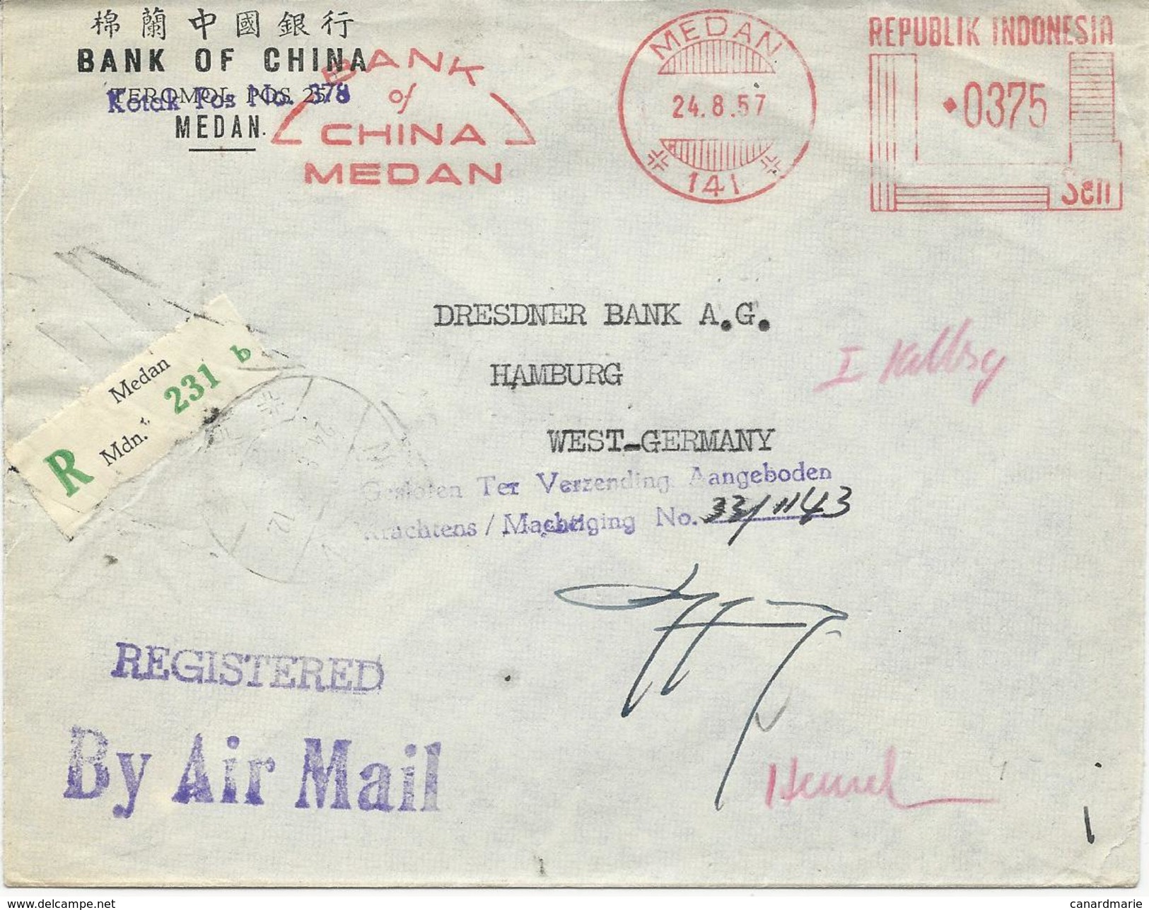 LETTRE RECOMMANDEE 1957 AVEC OBLITERATION MECANIQUE - Indonesië