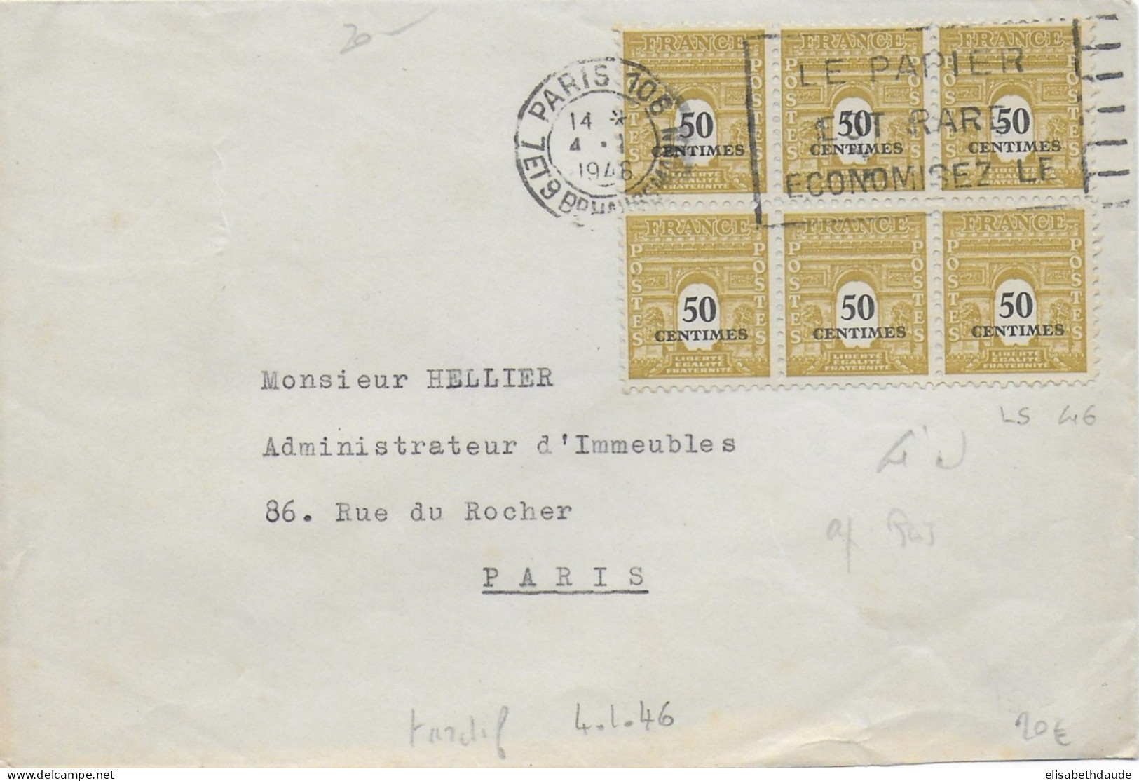 ARC DE TRIOMPHE - 1946 - YVERT N° 704 X 6 Sur LETTRE De PARIS => PARIS - 1944-45 Triomfboog