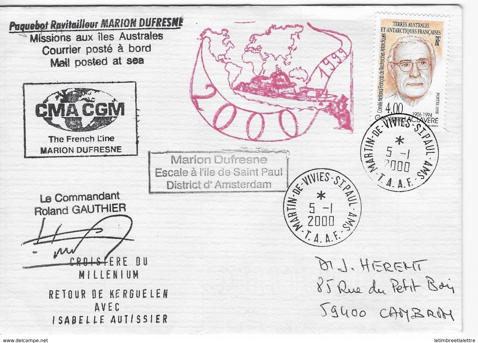 T.A.A.F Enveloppe Marion Dufresne CMA CGTM Escale à L'Ile De Saint Paul - Lettres & Documents