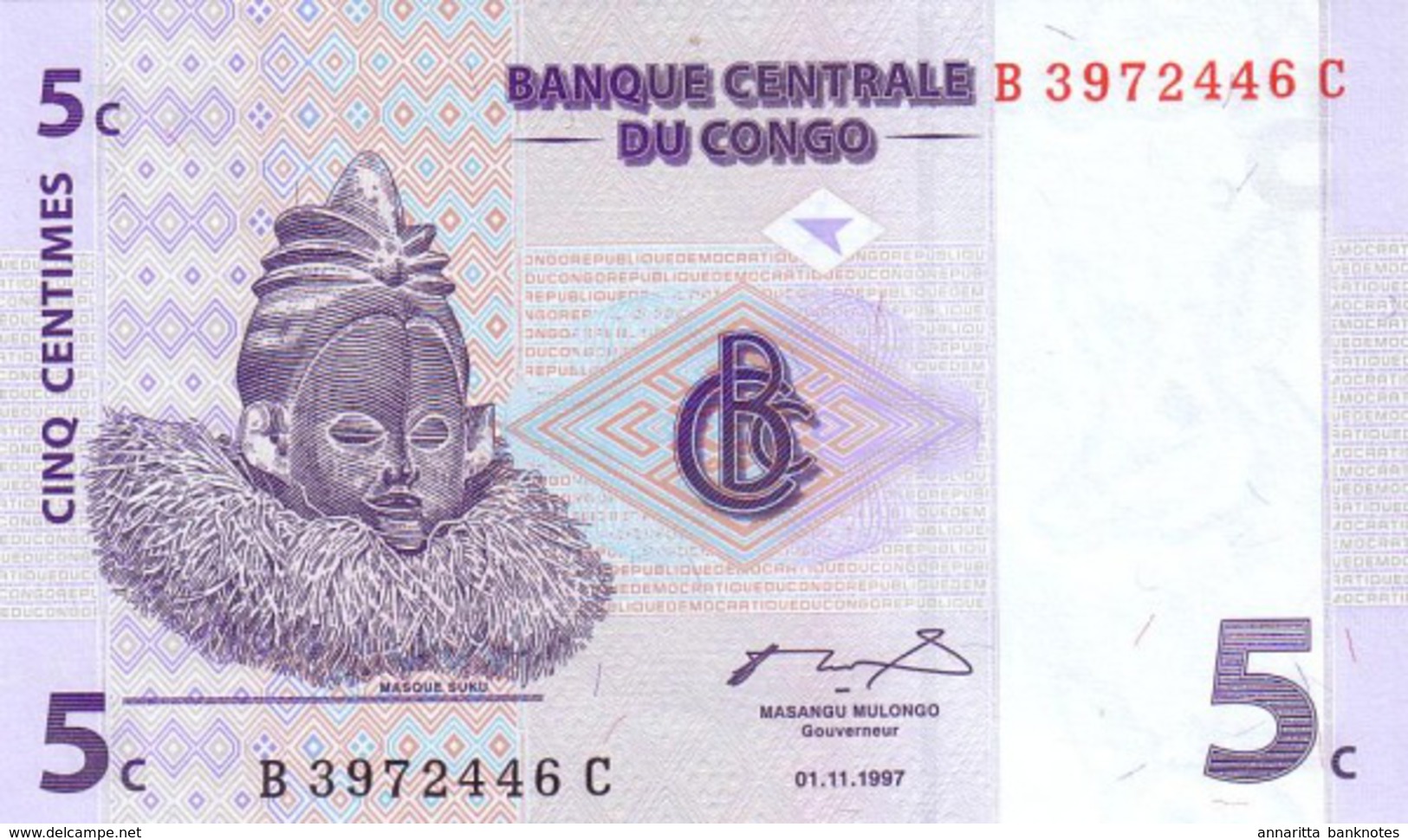 CONGO DEMOCRATIC REPUBLIC 5 CENTIMES 1997 P-81 UNC [ CD302a ] - Repubblica Democratica Del Congo & Zaire