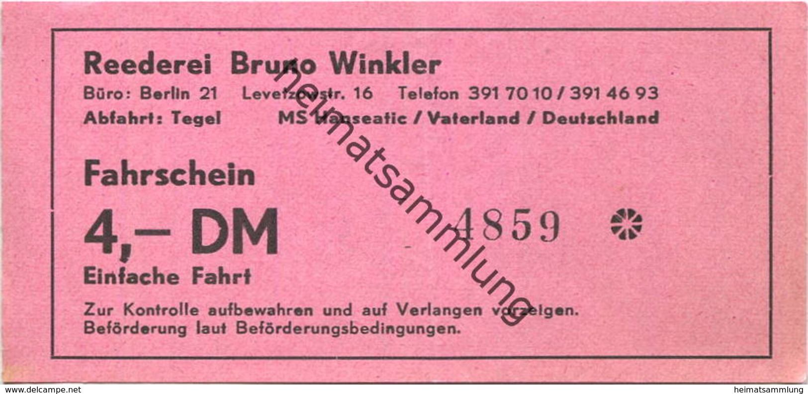 Deutschland - Berlin-Tegel Reederei Bruno Winkler - Fahrschein 4,- DM - MS Hanseatic Vaterland Deutschland - Europe