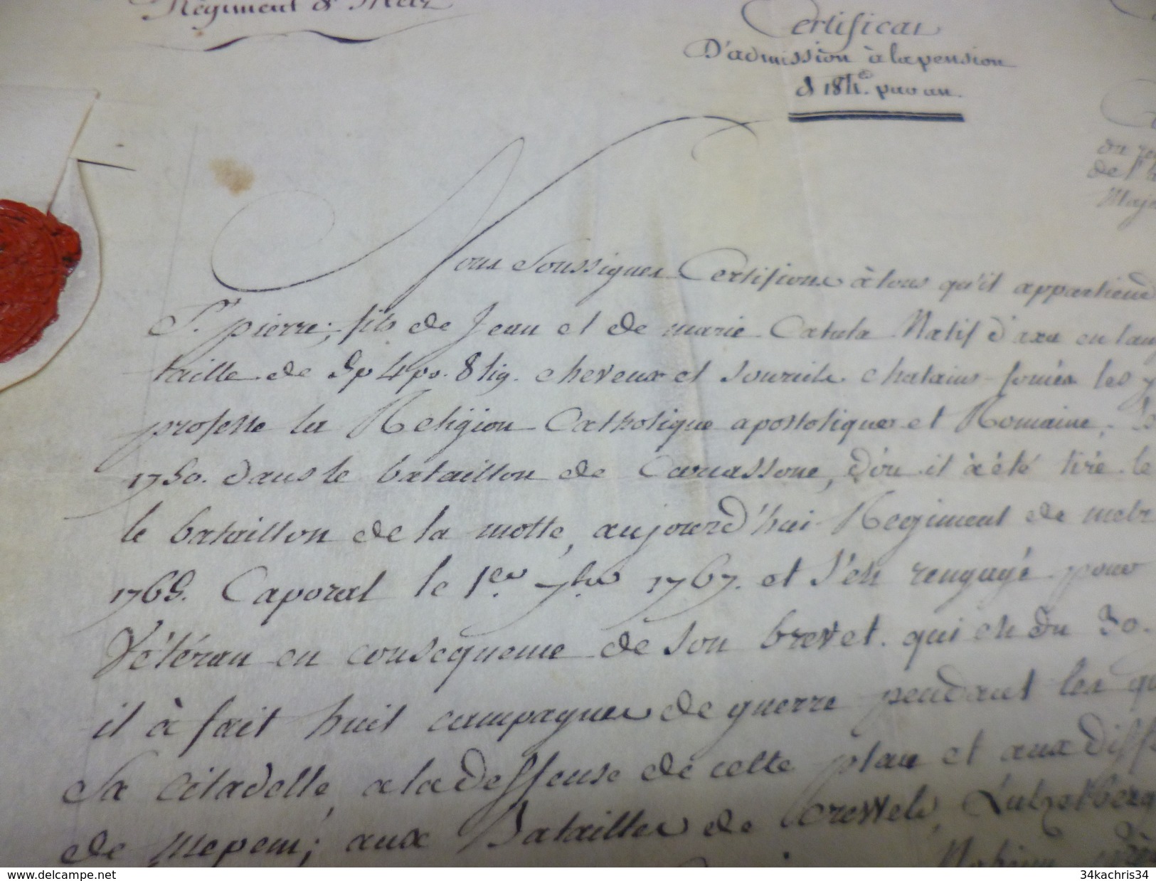 Parchemin Certificat Admission Pension D184 Saint Jean D'Angely 1775 Corps Royal Artillerie Cie Bombardiers De Rotarier - Documents