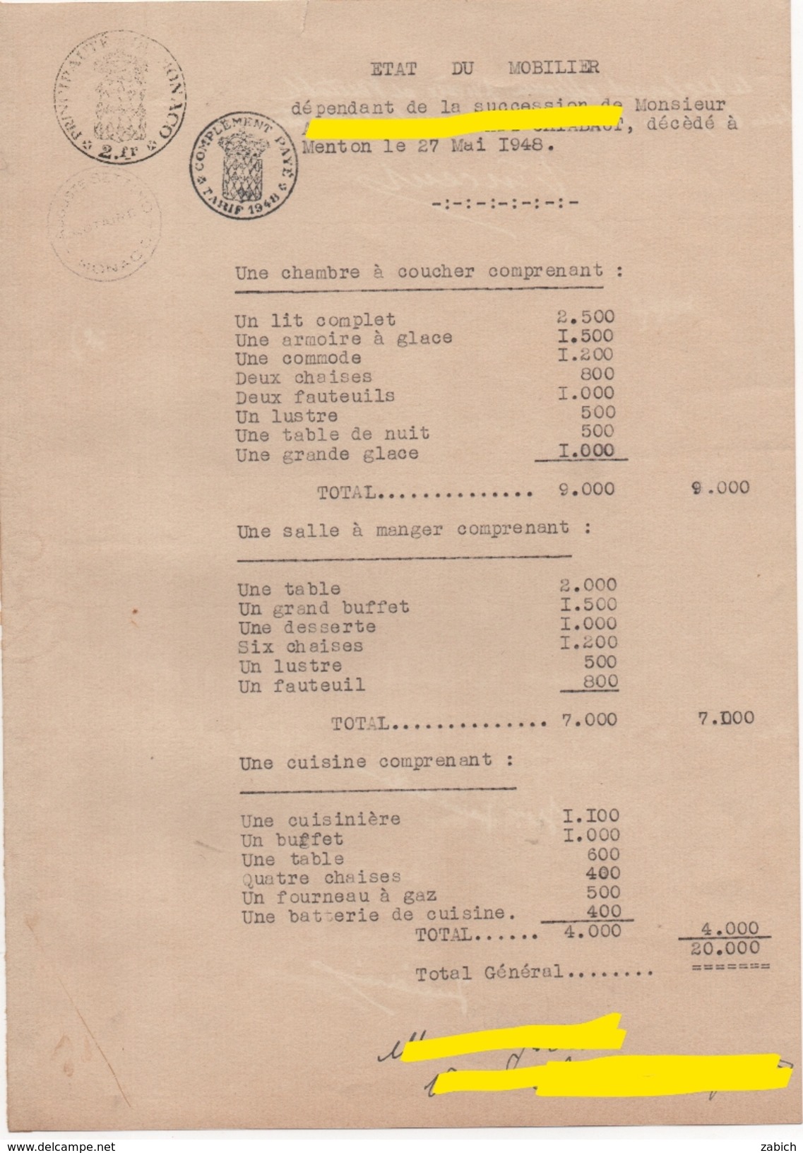 FISCAUX DE MONACO PAPIER TIMBRE à 2Fr  "blason" + Complément Payé Au Tarif De 1948 Sur Document - Steuermarken