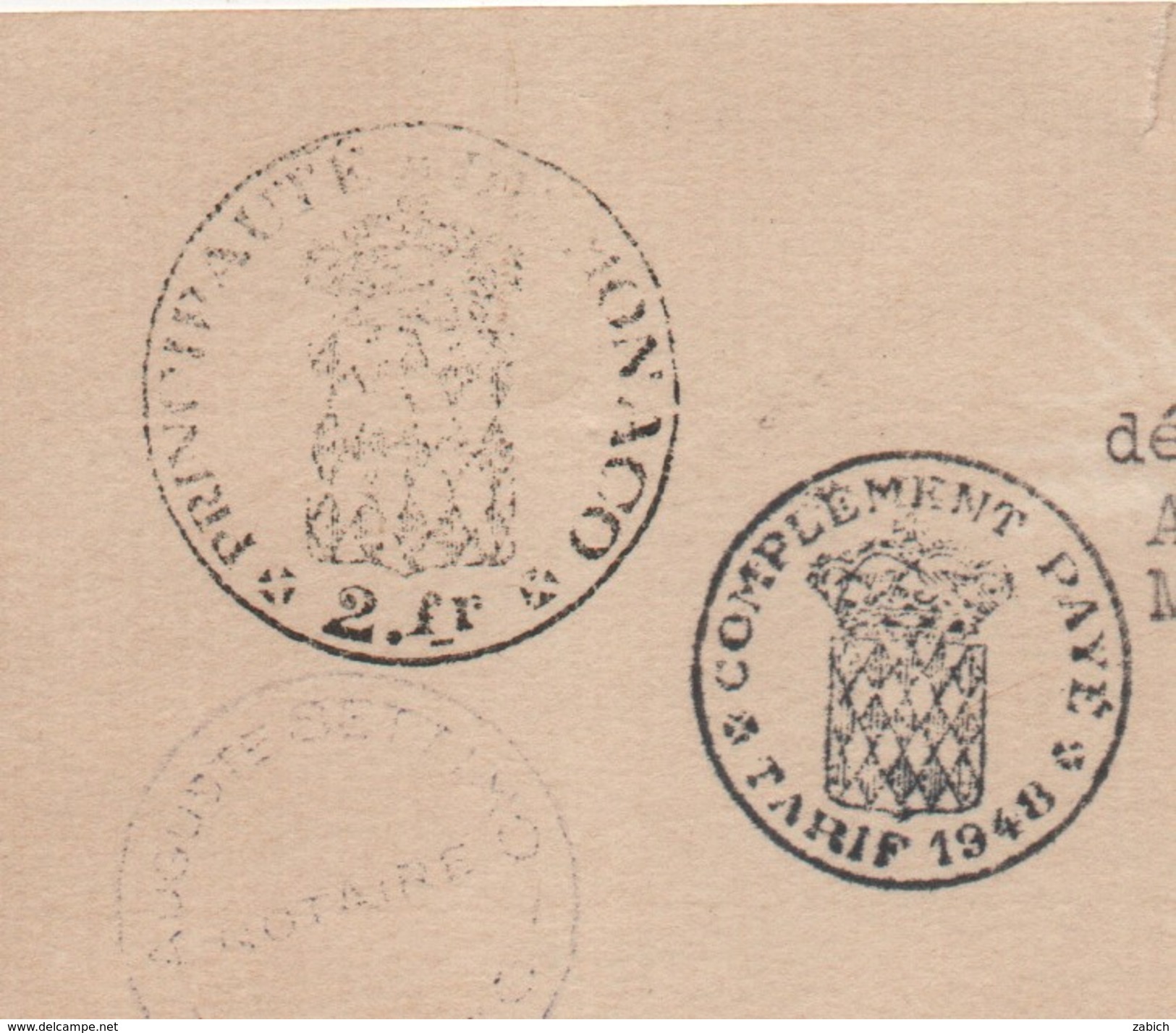 FISCAUX DE MONACO PAPIER TIMBRE à 2Fr  "blason" + Complément Payé Au Tarif De 1948 Sur Document - Steuermarken