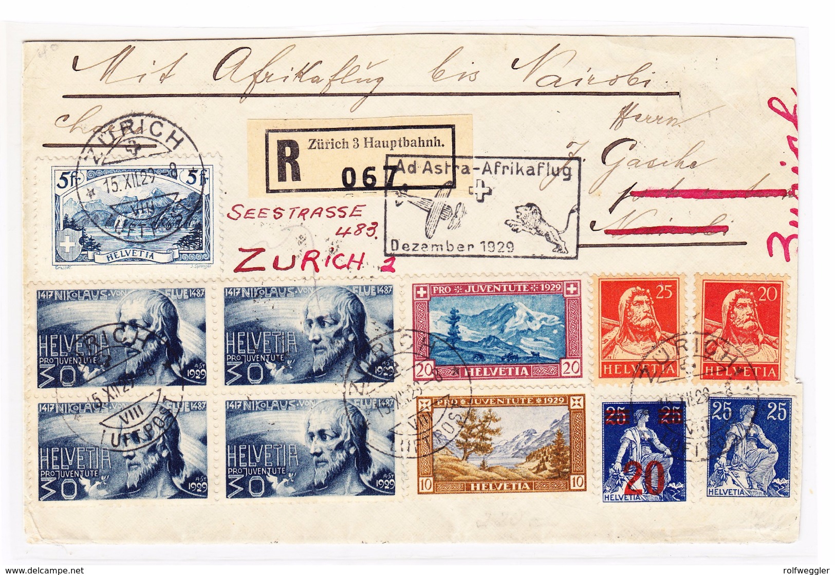 Schweiz Zürich 15.12.1929 Ad Astra-Afrikaflug R-Brief Nach Nairobi Und Zurück Mit U.a. #227 Sonnenschein, 229 4er-Block - Lettres & Documents