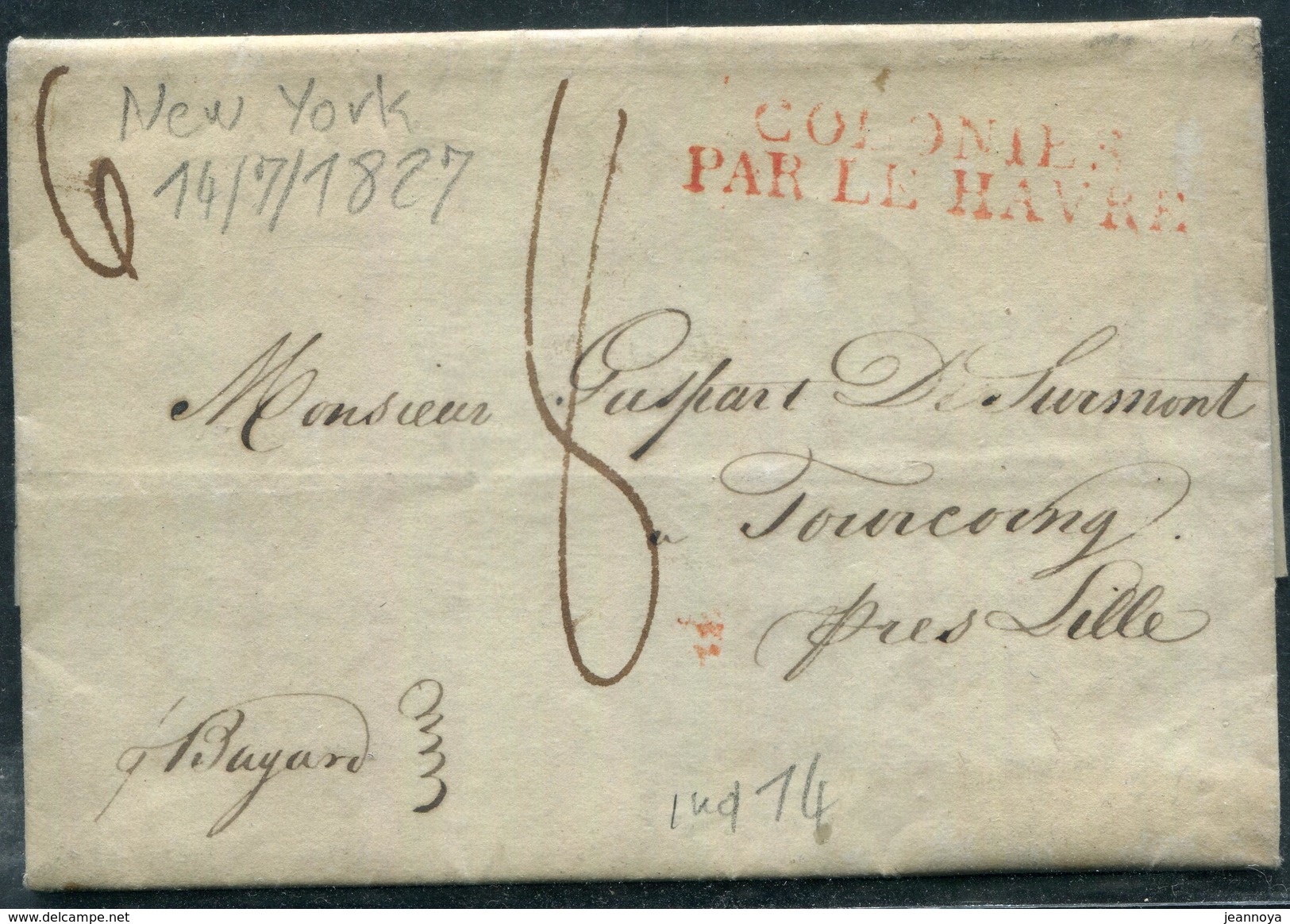 FRANCE - " COLONIES / PAR LE HAVRE " MARQUE D'ENTRÉE EN FRANCE SUR LETTRE DE NEW YORK LE 14/6/1827 - TB - Entry Postmarks