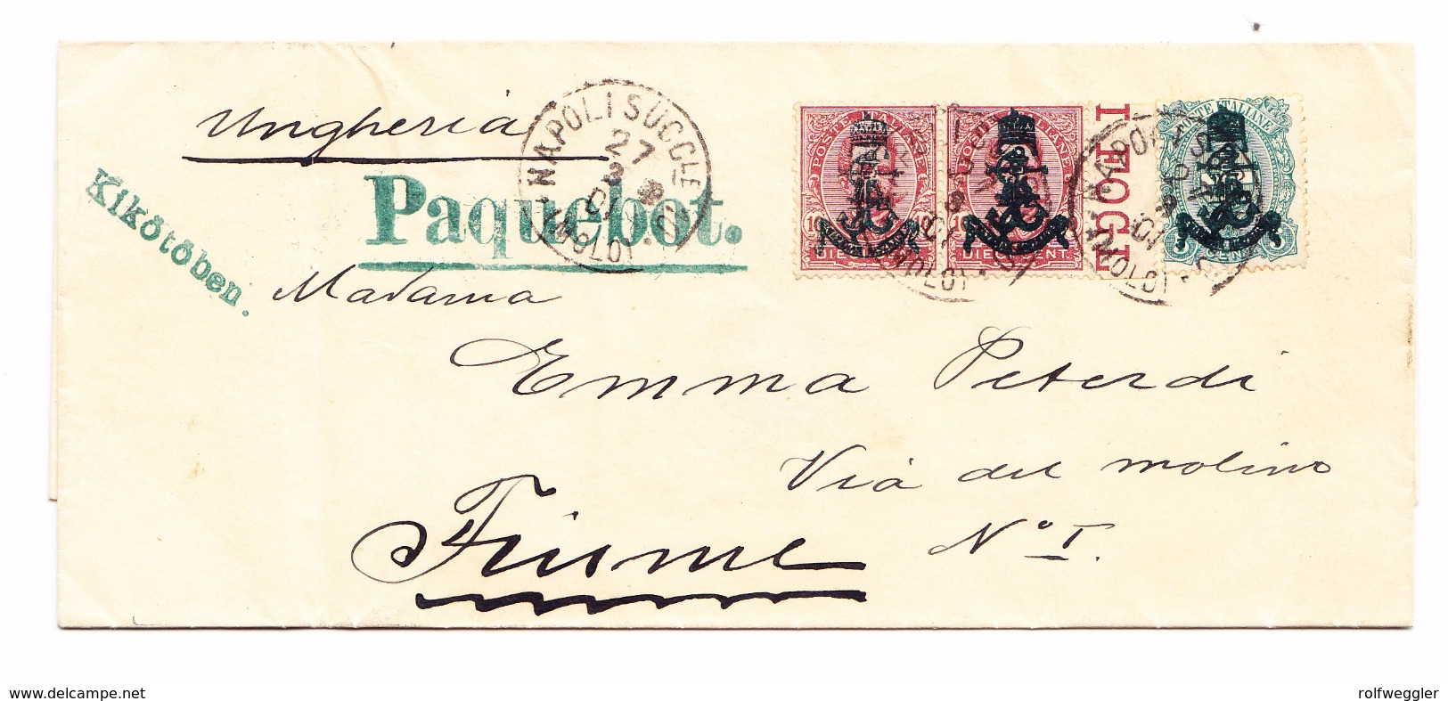 Italien ADRIA-Schiffspost Napoli 27.2.1901 Nach Fiume Frankiert Mit It. Marken Aufdruck Stefanskrone Und Gekruezte Anker - Poststempel