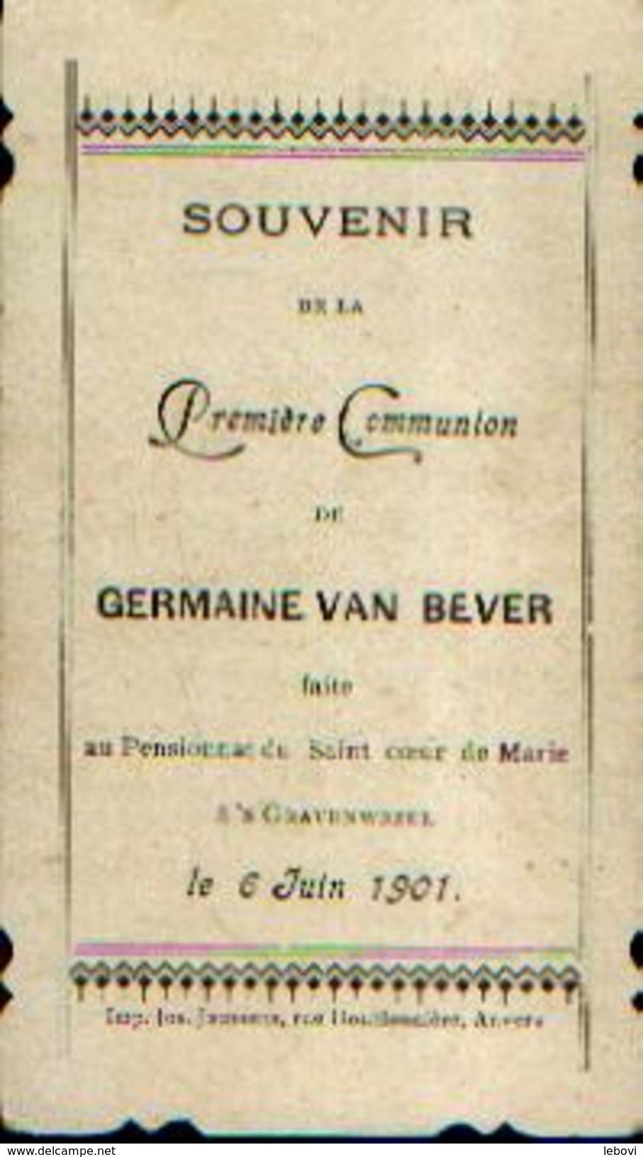 Souvenir De Communion VAN BEVER Germaine à &lsquo;s GRAVENWEZEL (1901) - Images Religieuses