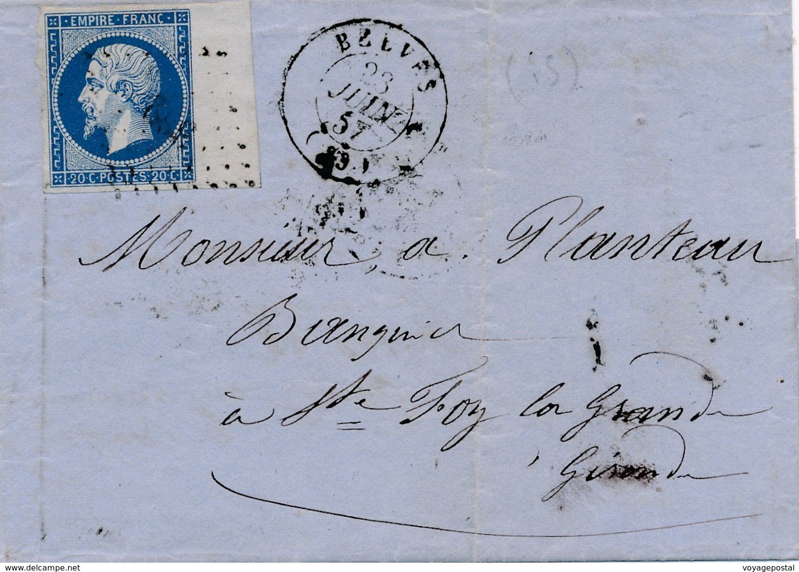 Lettre N°14 BDF CaD Belves Dordogne 1857 - 1849-1876: Periodo Clásico