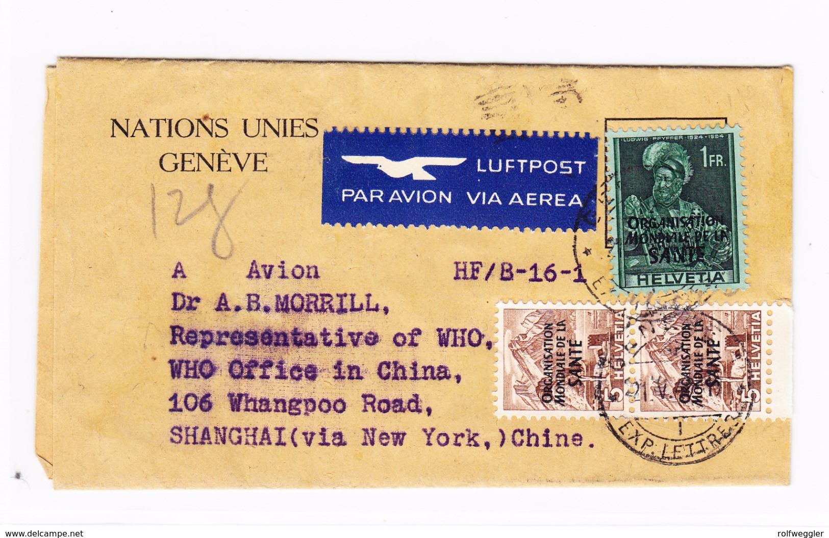 Schweiz OMS/WHO #1 (2) Und 19 Auf Luftpostbrief Von Genève 21.05.1949 Nach Schanghai - Dienstzegels