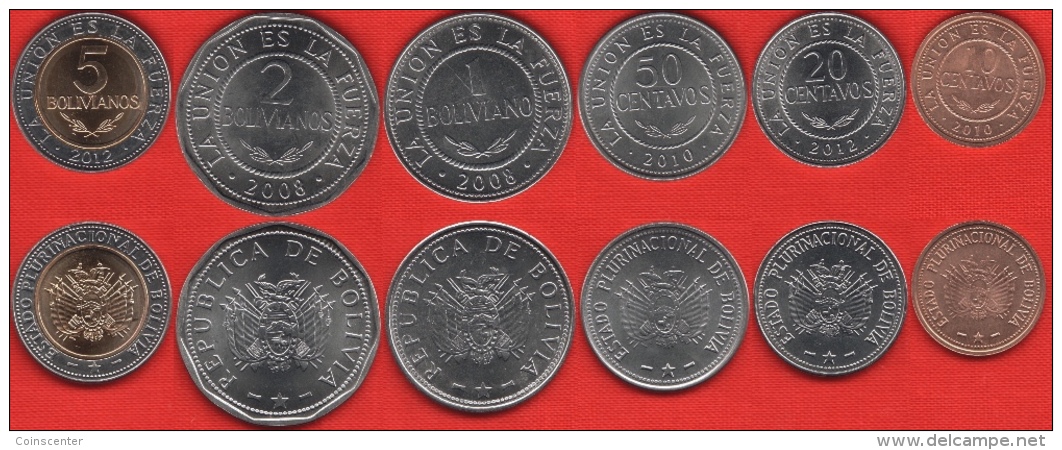 Bolivia Set Of 6 Coins: 10 Centavos - 5 Bolivianos 2008-2012 UNC - Bolivie