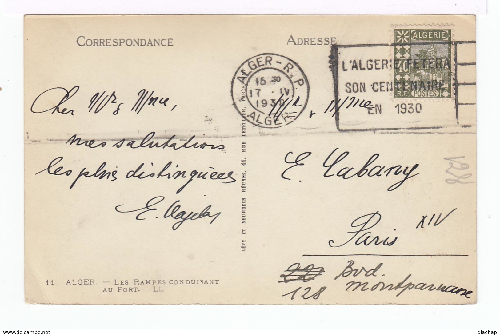 Sur Carte Postale Alger Timbre Algérie RF CAD Alger RP 1930 Et Cachet L'Algérie Fêtera Son Centenaire En 1930. (1500) - Lettres & Documents