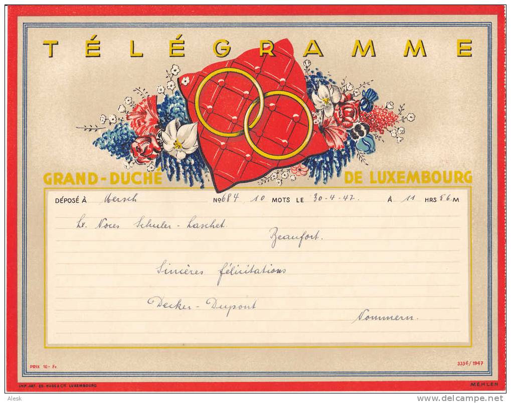 TELEGRAMME FLEURI - Année 1947 - Fond Vert Olive Clair - Issu De Carnet - Thème Fleurs Coussin - Bague - Anneau - Telégrafos